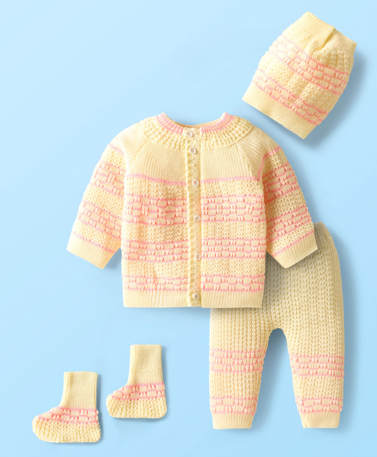 Babyhug Knit Full Sleeves Front Open Sweater Set with Stripe Designed Cap & Booties - Pink & White-image-29