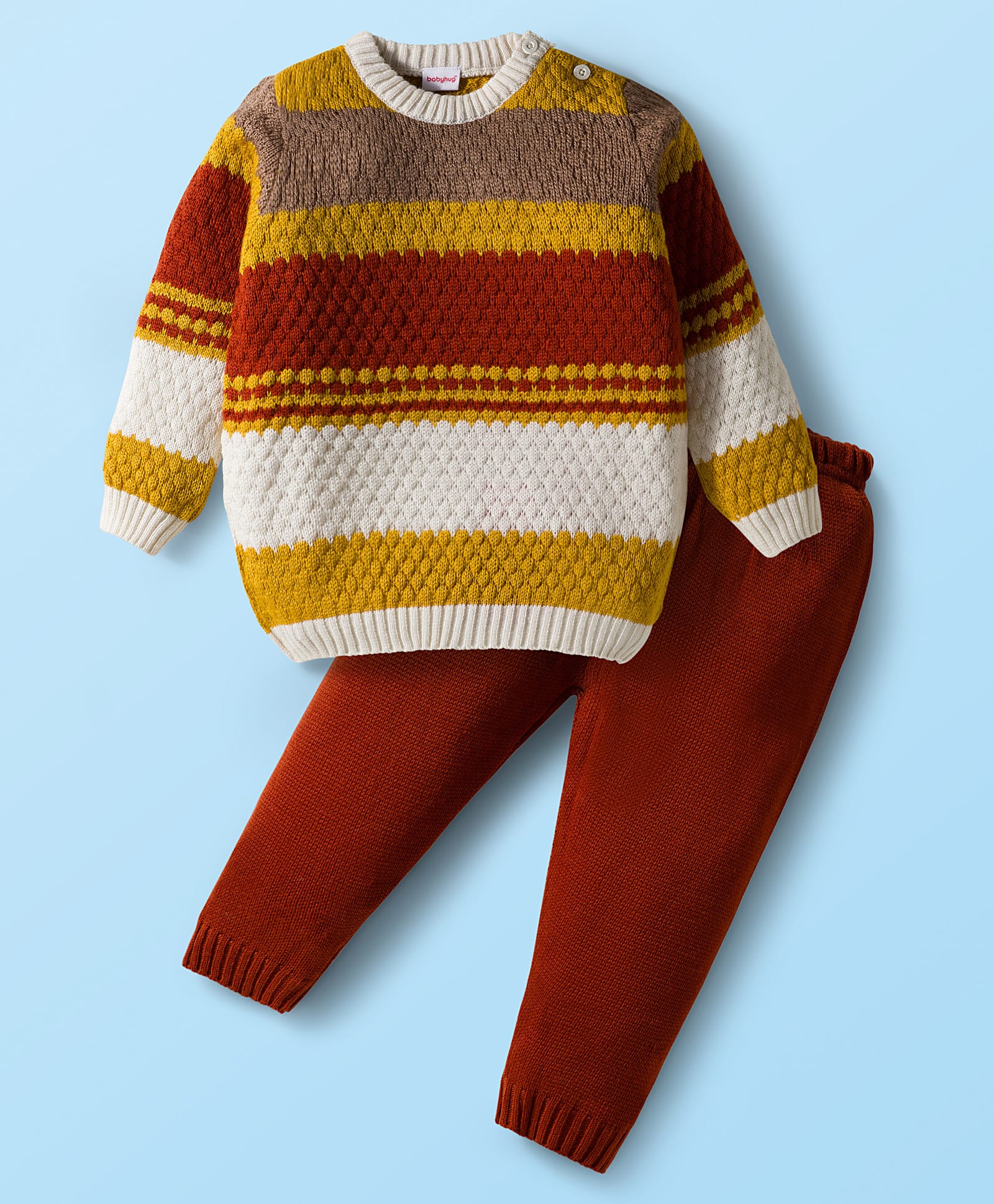 Babyhug Knit Full Sleeves Pullover Sweater & Pant Set with Color Block Design - Mustard & Brown-image-29