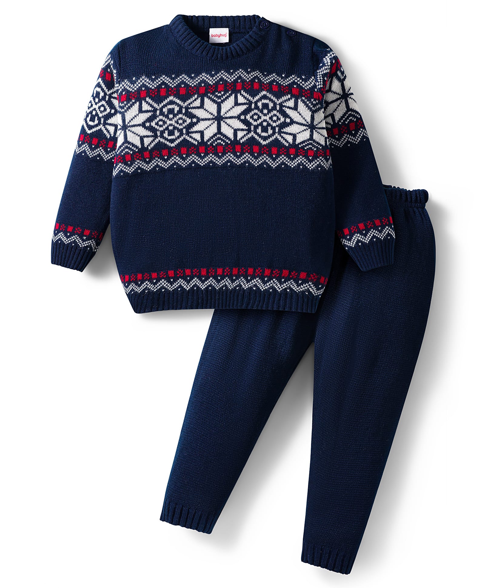 Babyhug Knit Full Sleeves Pullover Sweater & Pant Set with Fair Isle Design - Navy Blue-picture-24