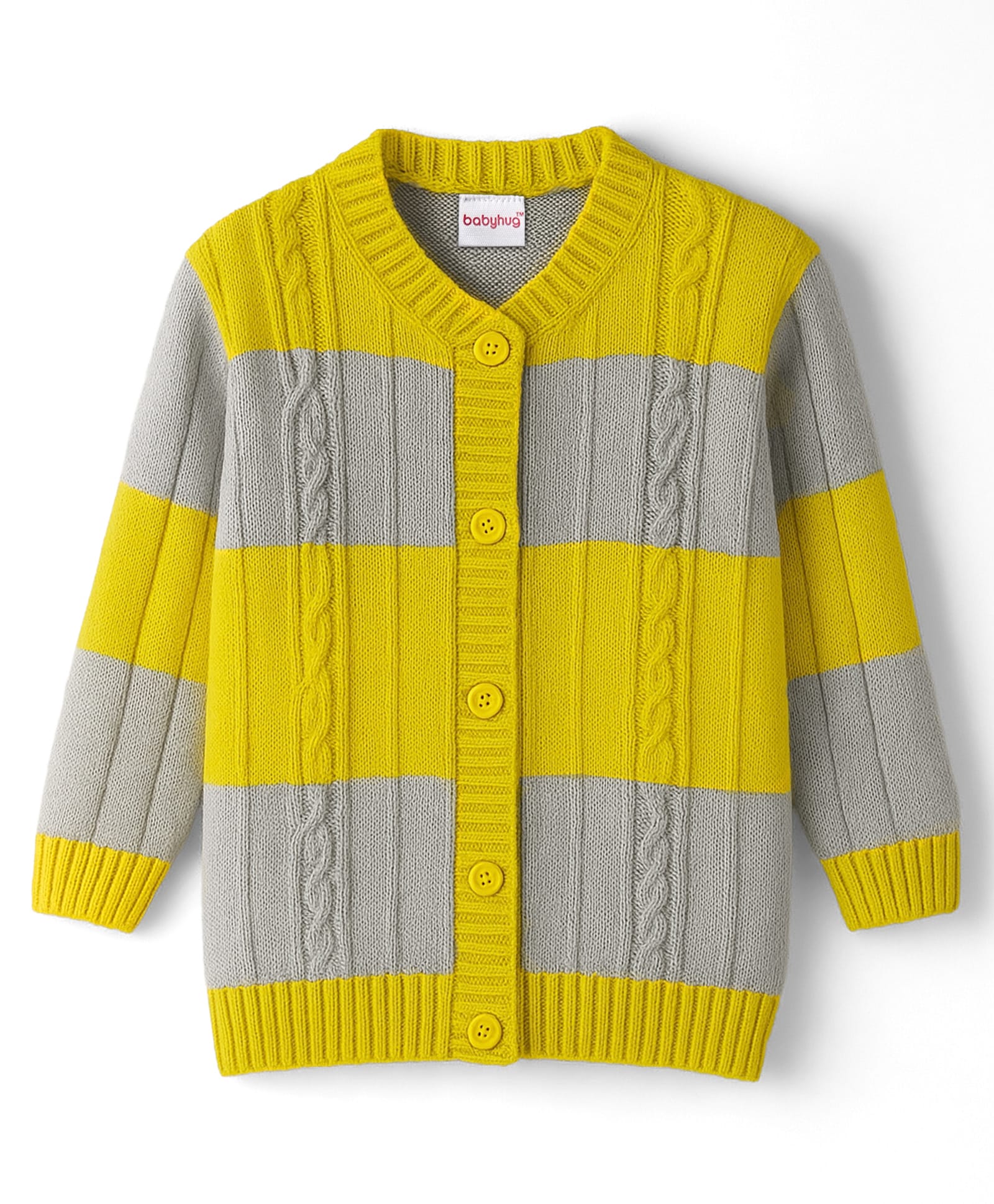 Babyhug Knit Full Sleeves Front Open Sweater With Stripes Design- Yellow & Grey-picture-17