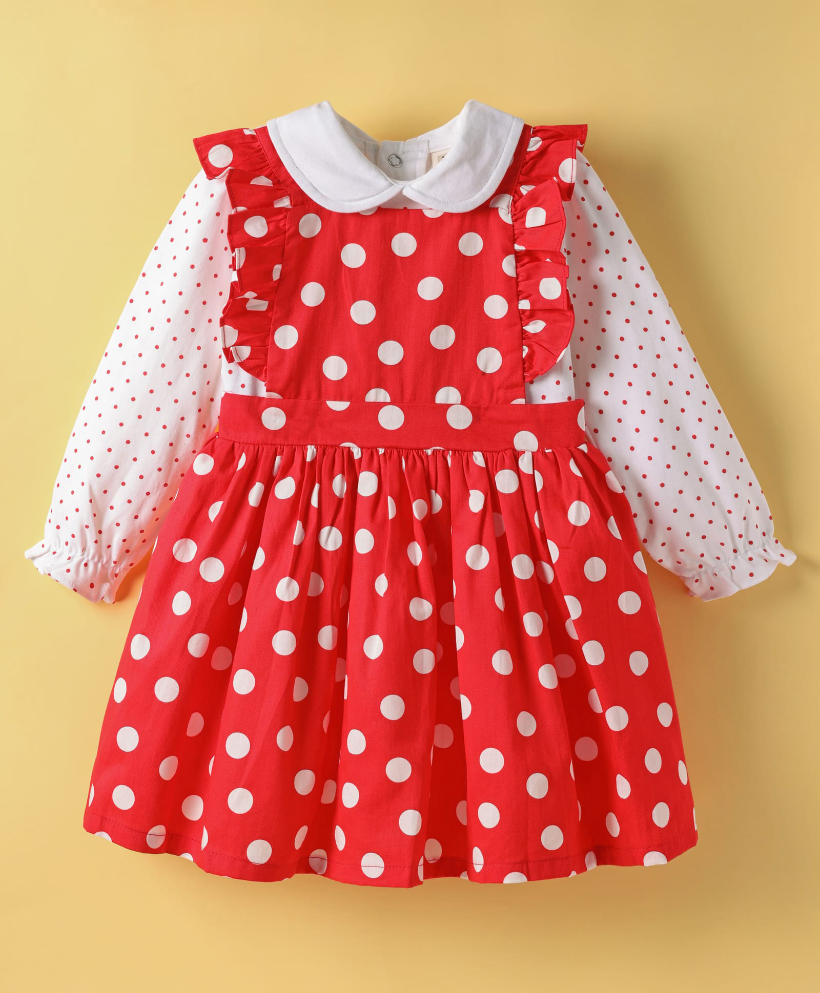 ToffyHouse 100% Woven Cotton Frill Detailed Frock & Full Sleeves Peter Pan Collared Inner Tee With Polka Dots Print - Red & White-picture-23