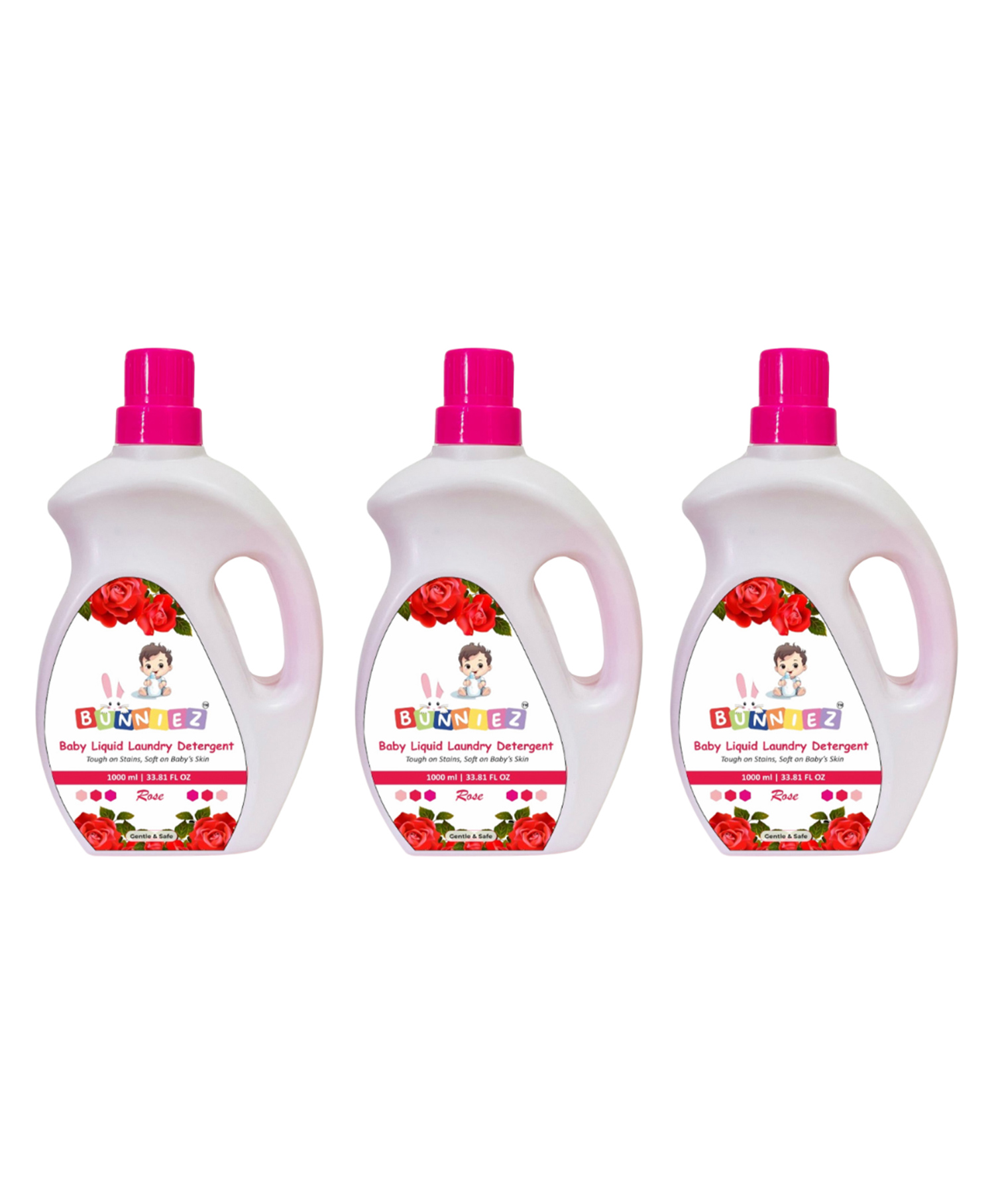 Bunniez Baby Laundry Detergent, Rose Fragrance | Liquid Detergent for Baby Clothes | Kills Barteria | Free From Harsh Chemicals & Colorant - 3 x 1L (Pack of 3)-image-24