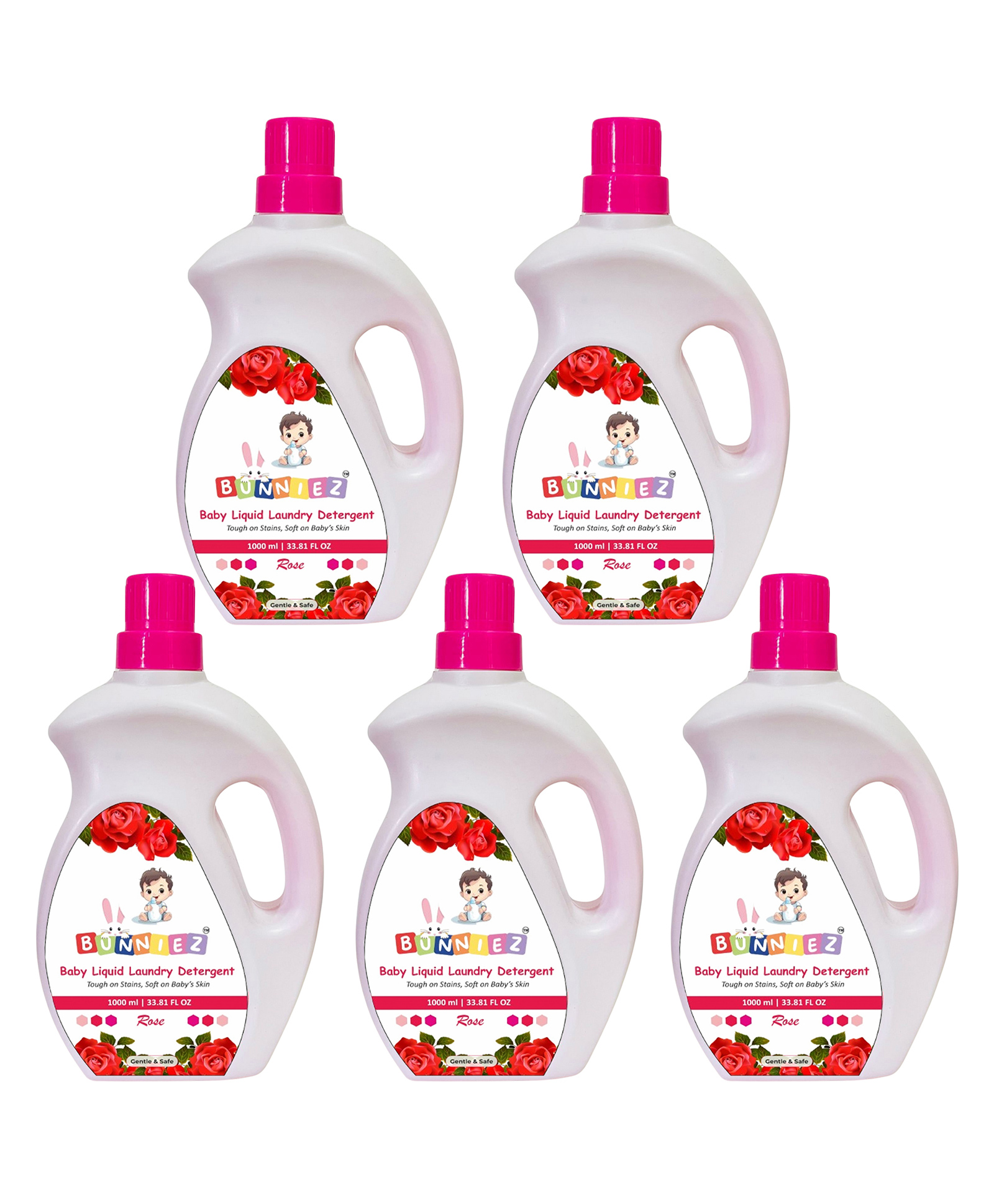 Bunniez Baby Laundry Detergent, Rose Fragrance | Liquid Detergent for Baby Clothes | Kills Barteria | Free From Harsh Chemicals & Colorant - 5 x 1L (Pack of 5)-image-22