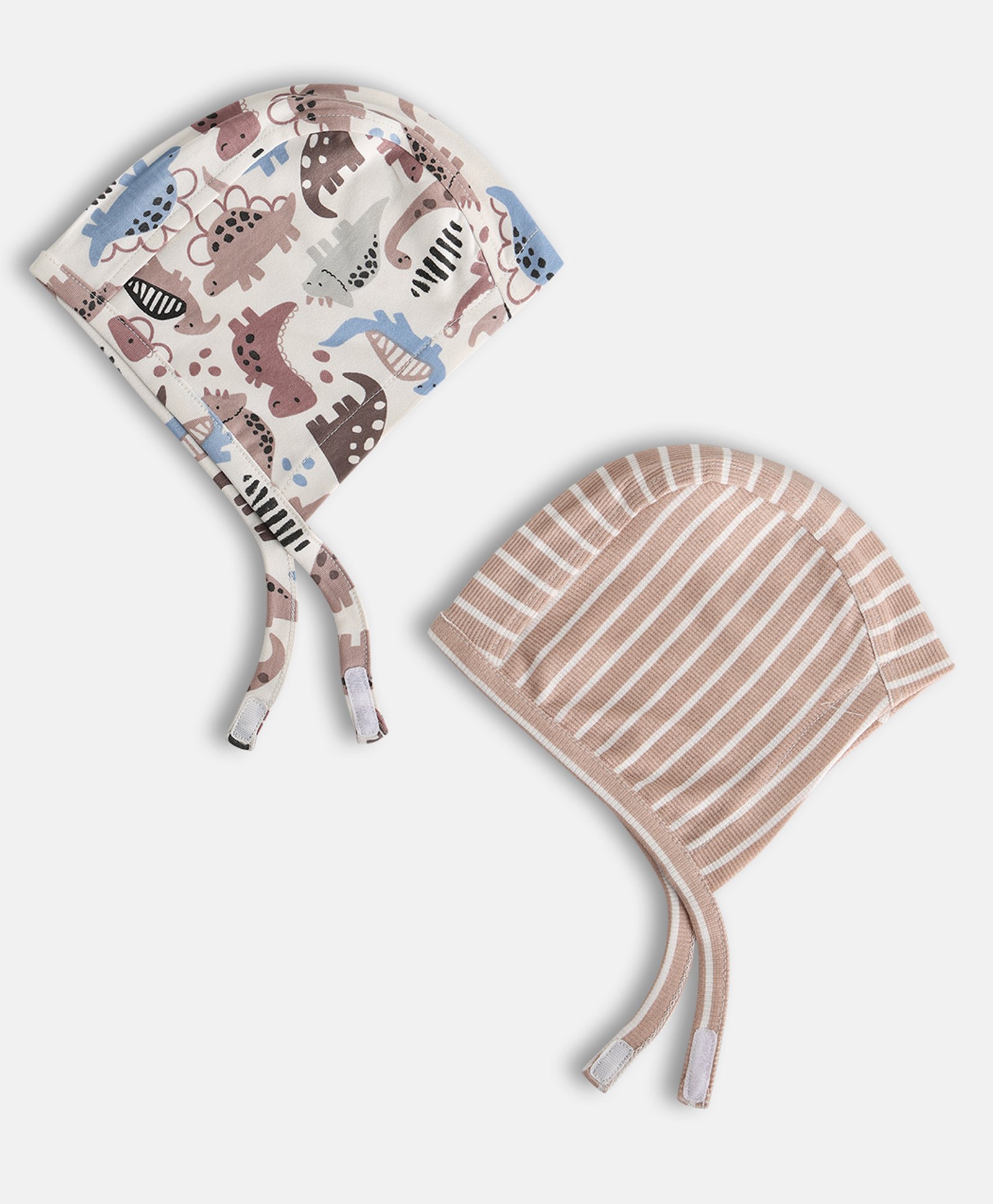 MINI KLUB Cotton Pack Of 2 Striped & Dinosaurs Designed Caps - Peach & Multi Colour-image-19