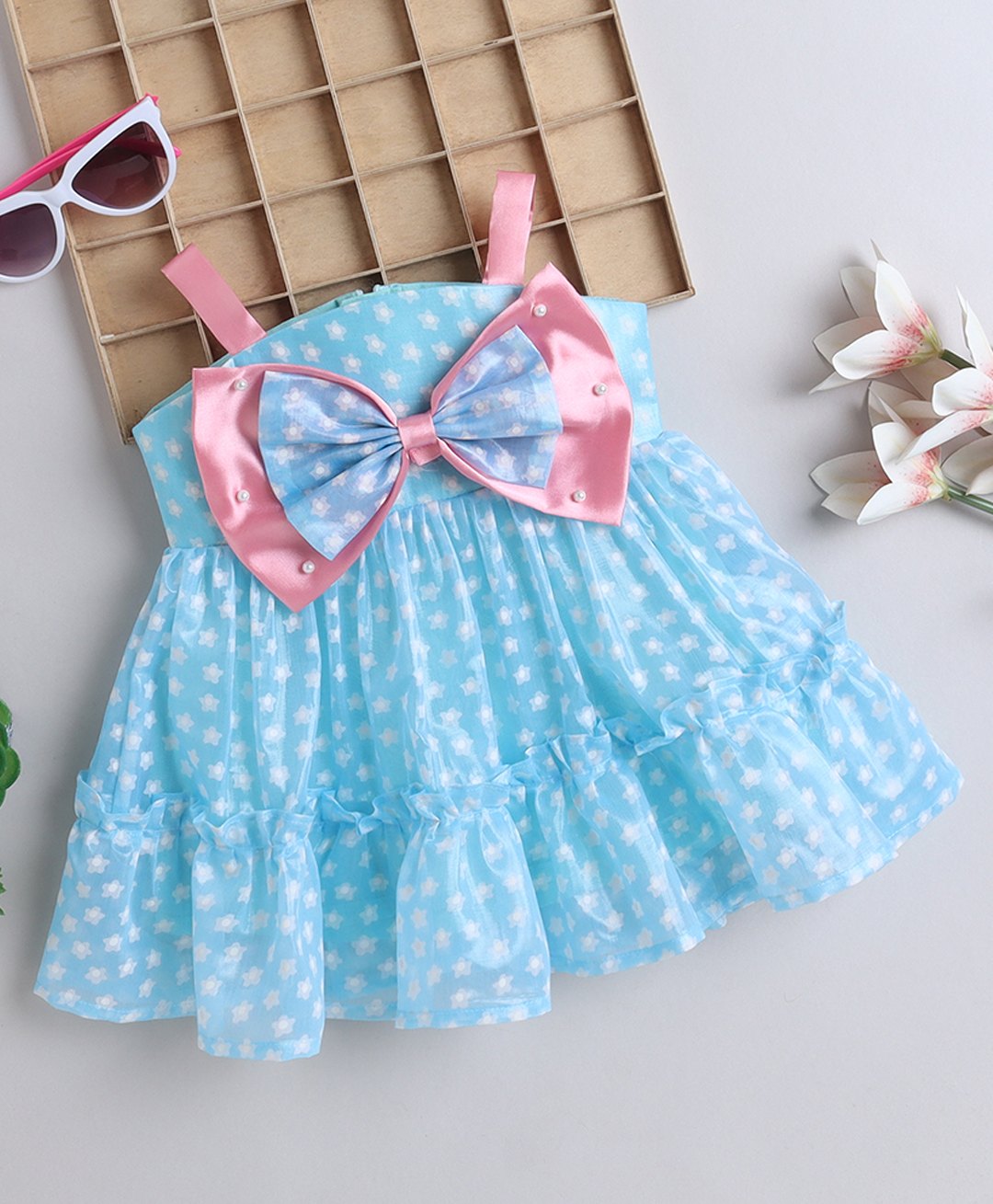 Many frocks & Tissue Sleeveless Floral Printed Bow Applique Dress - Blue-image-36