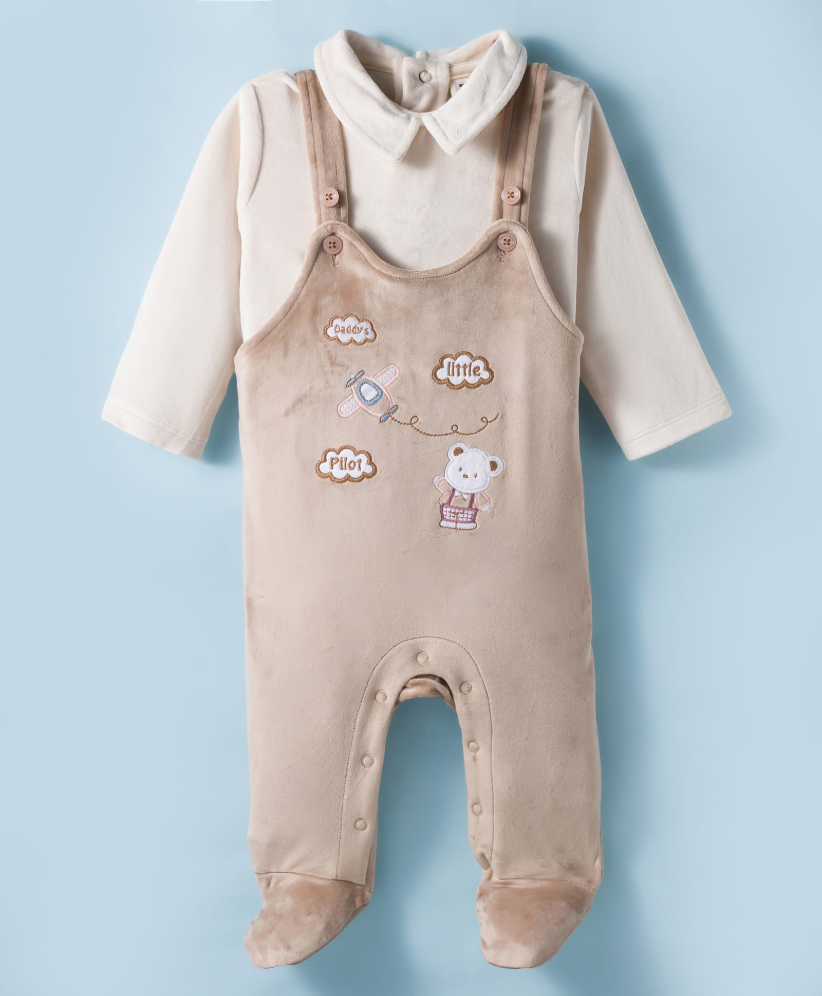 ToffyHouse Cotton Knit Footed Dungaree & Full Sleeves Inner Tee With Animal Patch - Brown & White-image-39