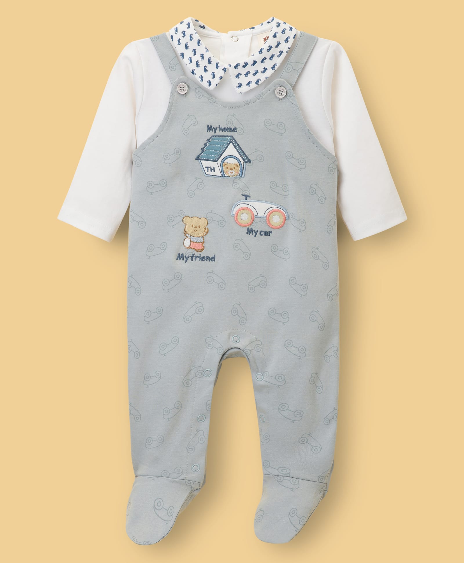 ToffyHouse Cotton Knit Footed Dungaree Style Romper With Full Sleeves Inner Tee With Embroidery Detailing - Grey-image-29