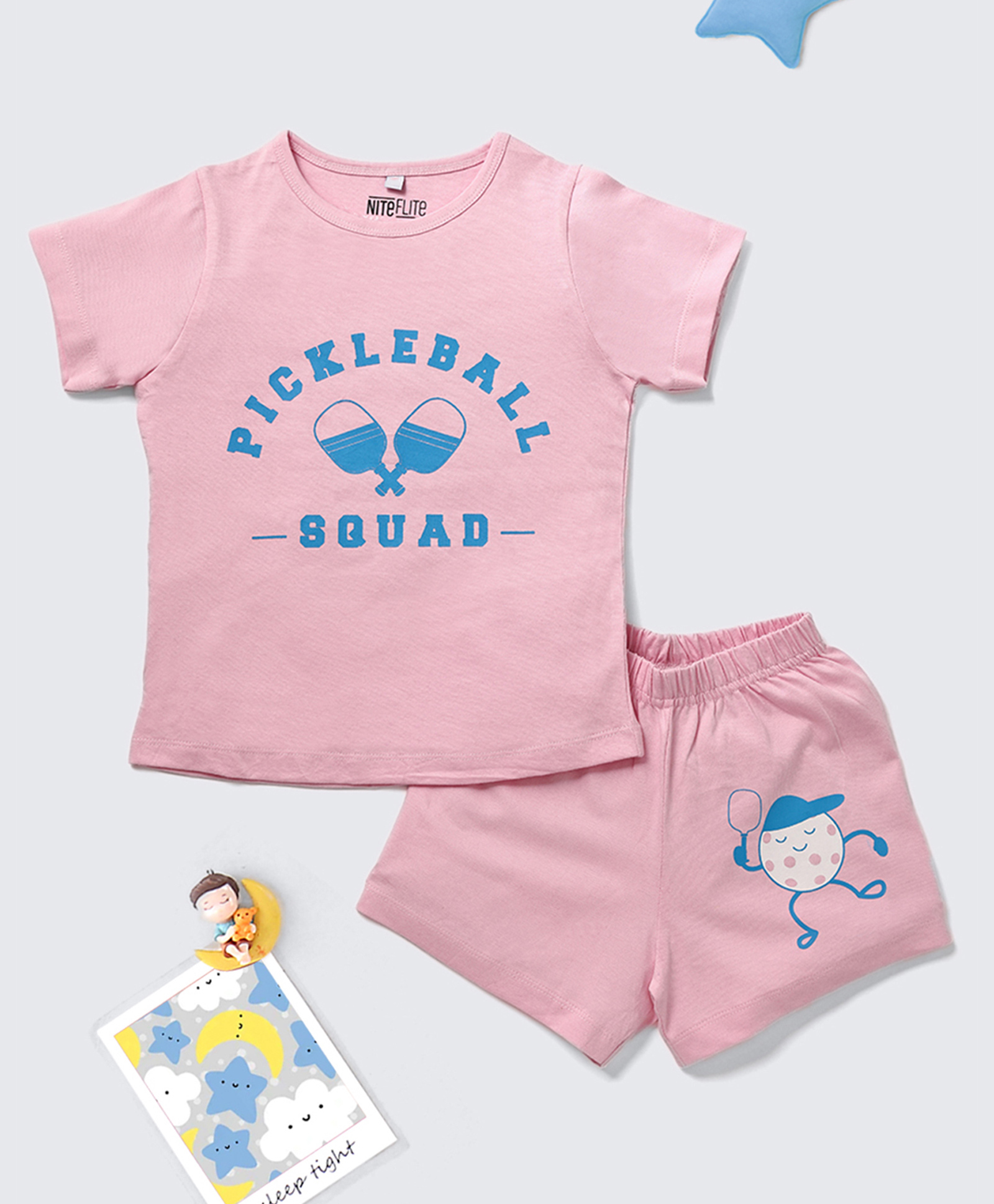 Nite Flite Cotton Knit Half Sleeves Pickleball Text Printed Night Suit Set - Pink-picture-32