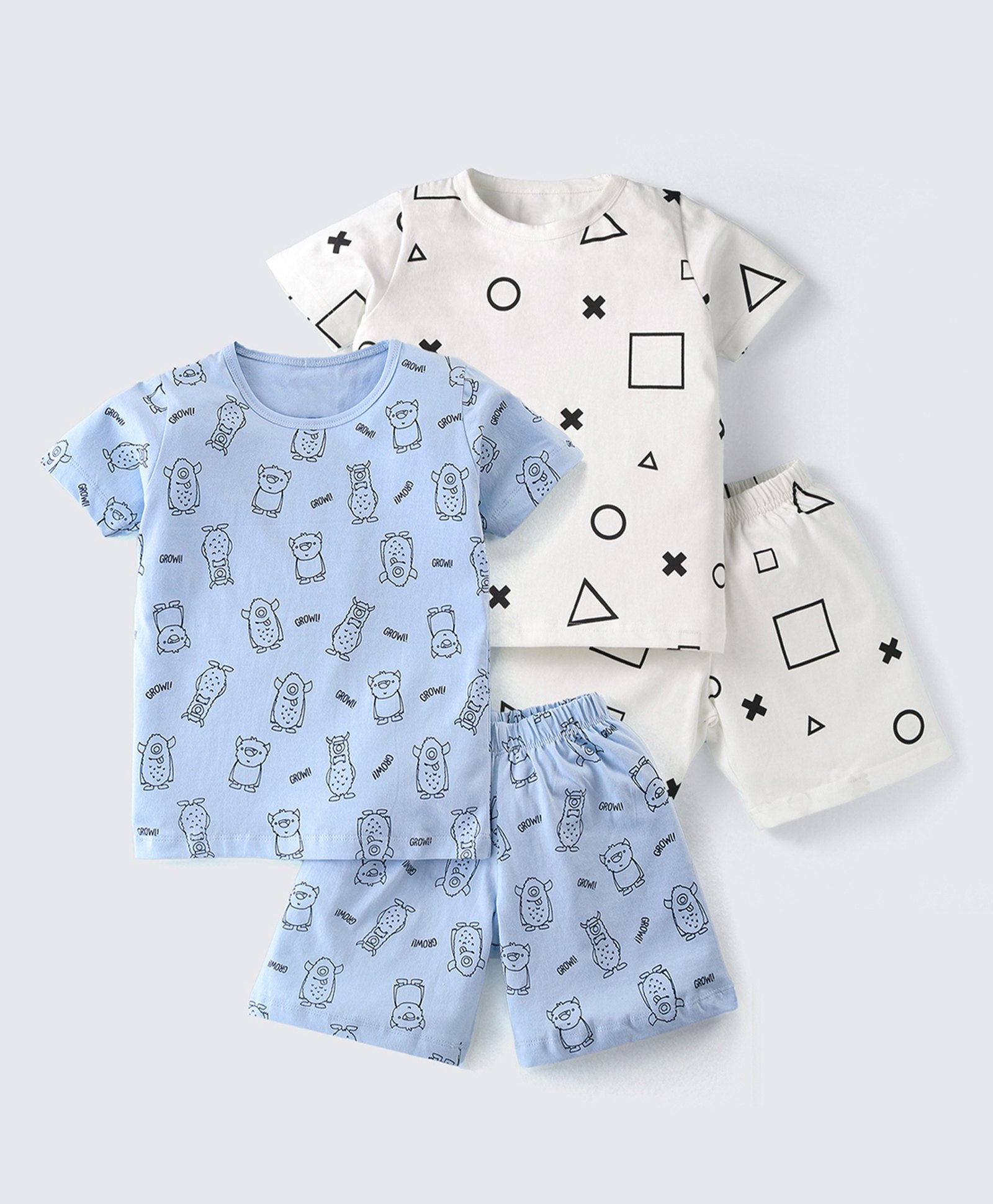 Nite Flite Cotton Knit Pack Of 2 Half Sleeves Monsters & Geometric Printed Coordinating Tees & Shorts Set - Multi Colour-picture-37