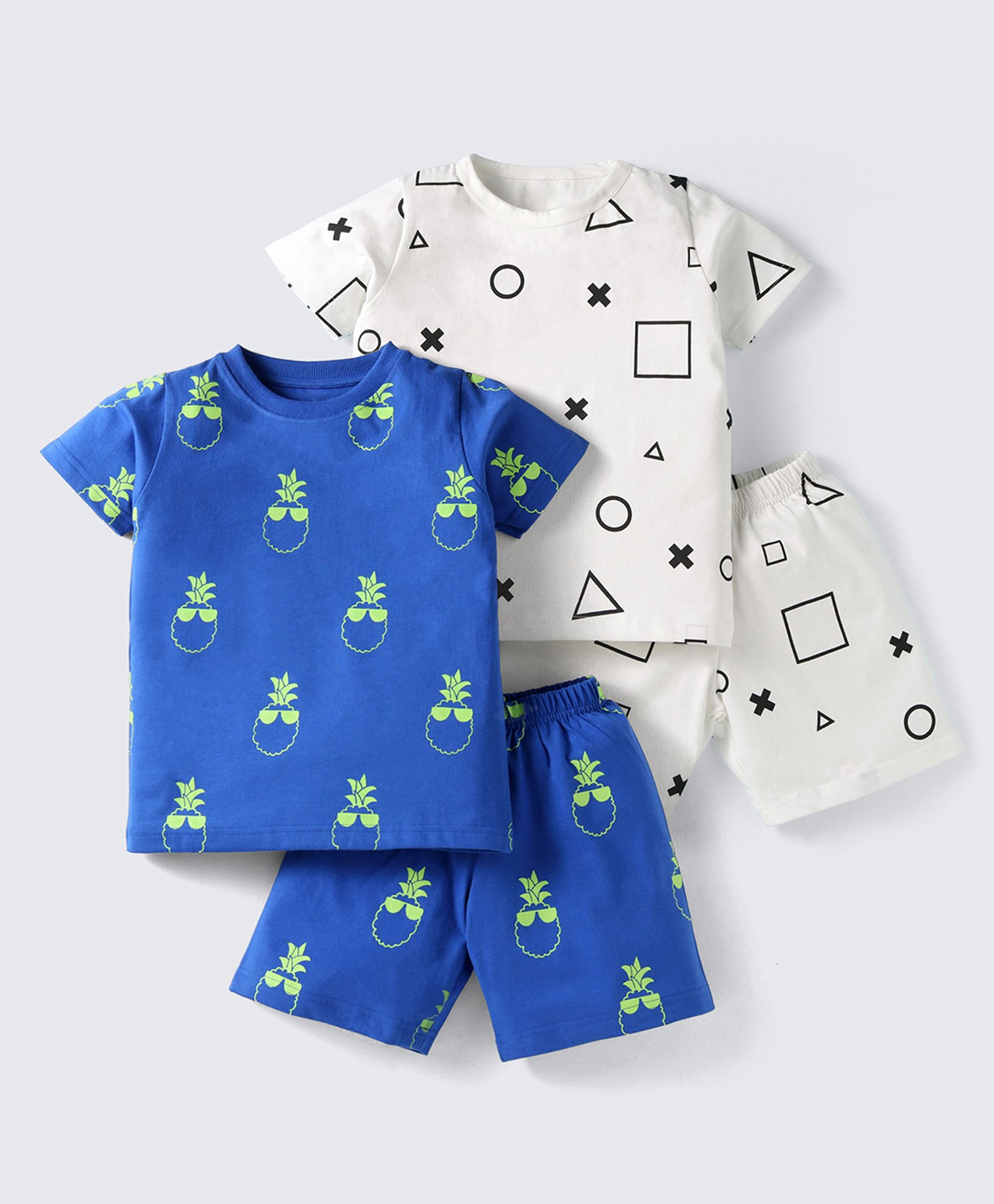 Nite Flite Cotton Knit Pack Of 2 Half Sleeves Pineapples & Geometric Printed Coordinating Tees & Shorts Set - Multi Colour-picture-35