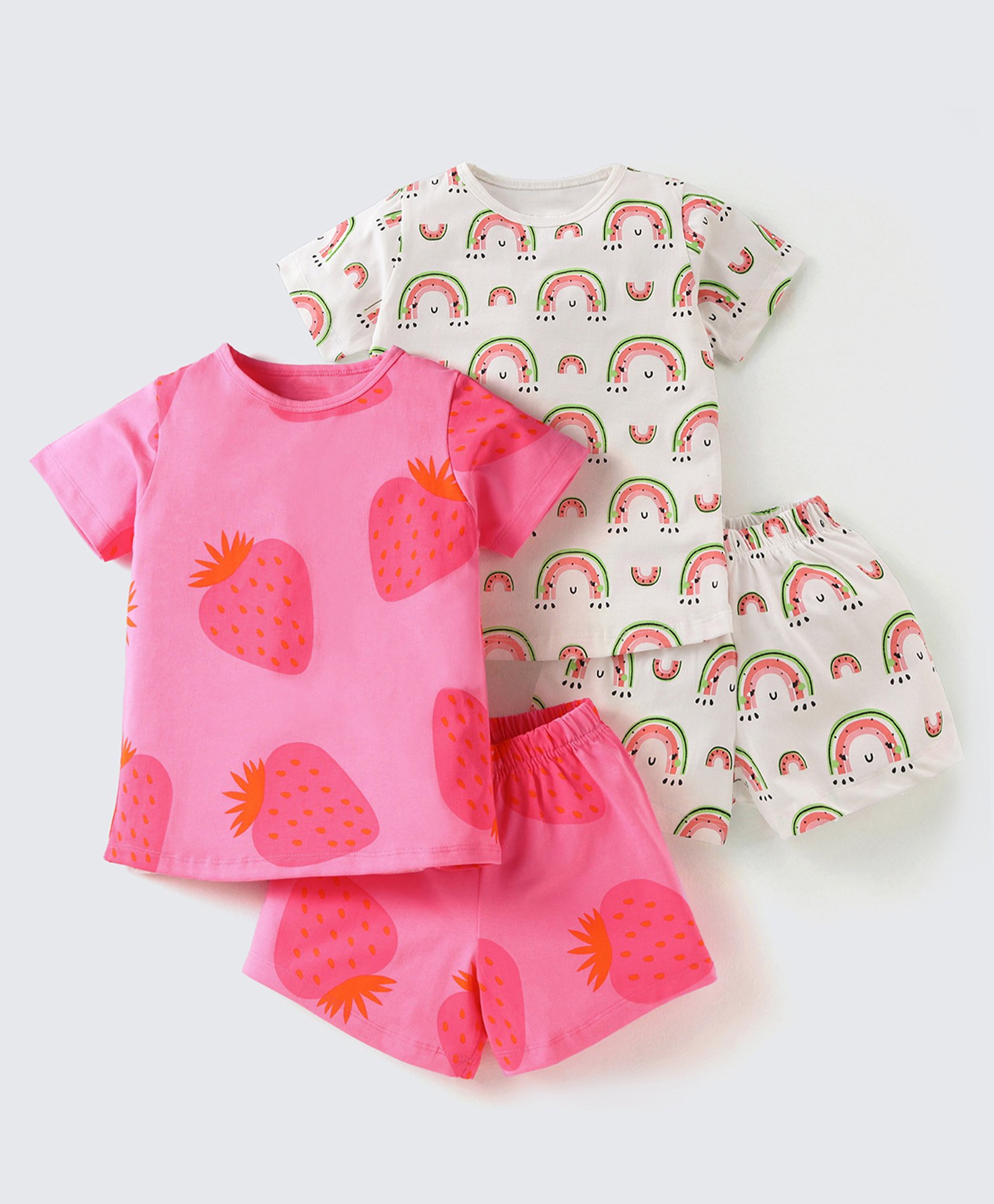 Nite Flite Cotton Knit Pack Of 2 Half Sleeves Strawberries & Watermelons Printed Coordinating Tees & Shorts Set - Multi Colour-picture-34