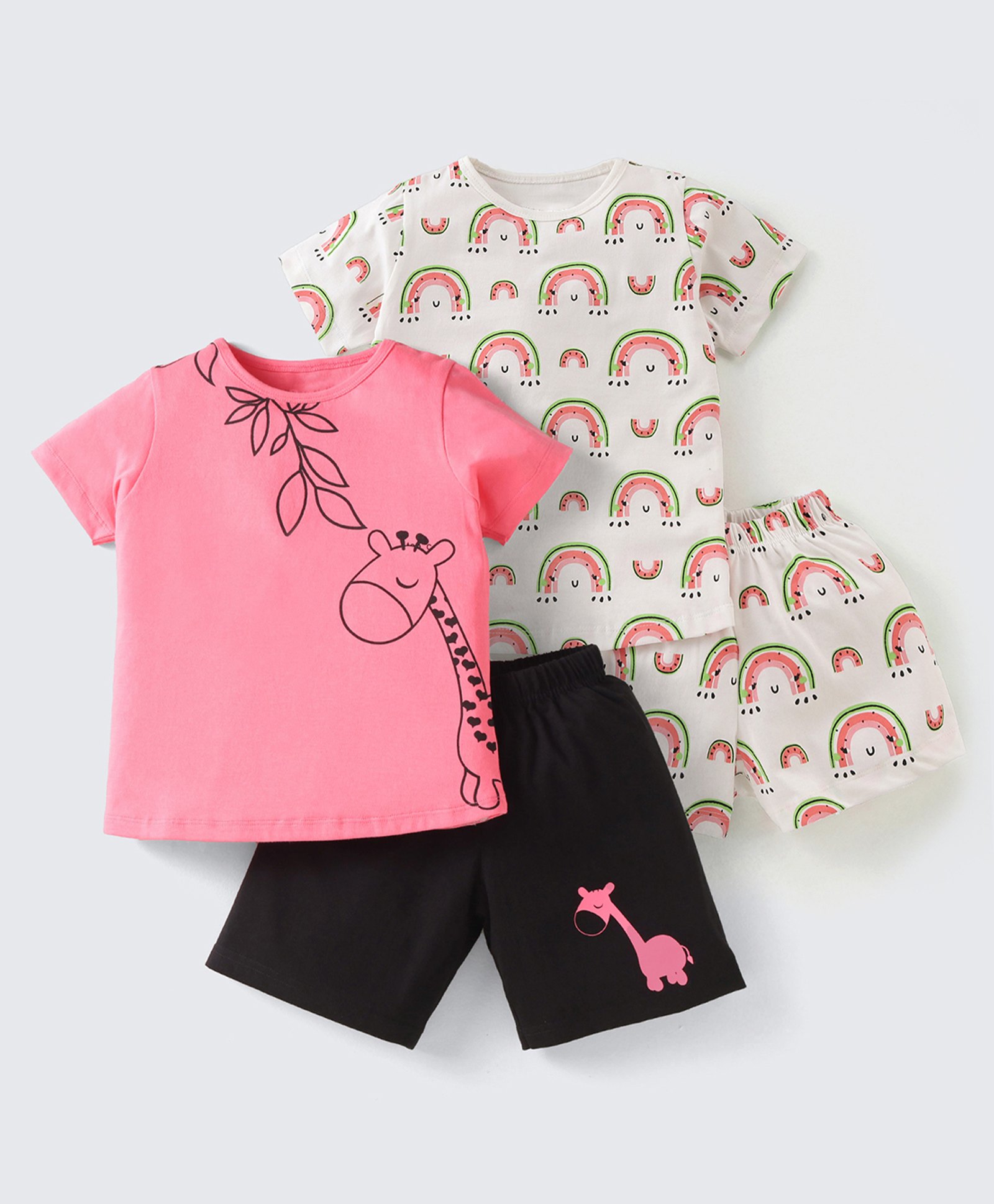 Nite Flite Cotton Knit Pack Of 2 Half Sleeves Baby Giraffe & Watermelons Printed Coordinating Tees & Shorts Set - Multi Colour-picture-29
