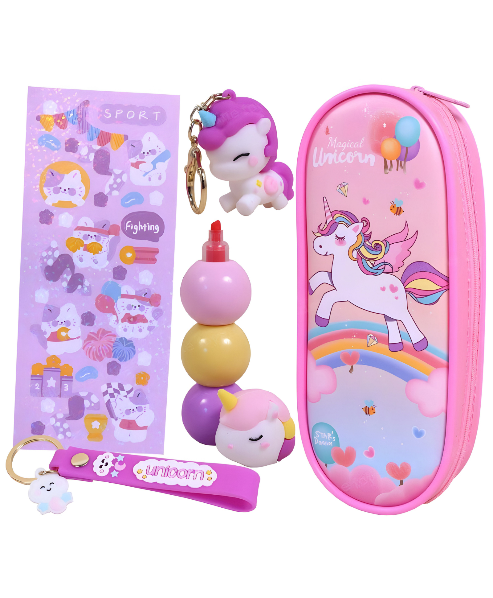 SCHOOLISH Unicorn Pencil Case Set for Kids | Girl Unicorn Pouch with Keyring, Marker and Stickers- PACK OF 1- COLOR MAY VARY-picture-13