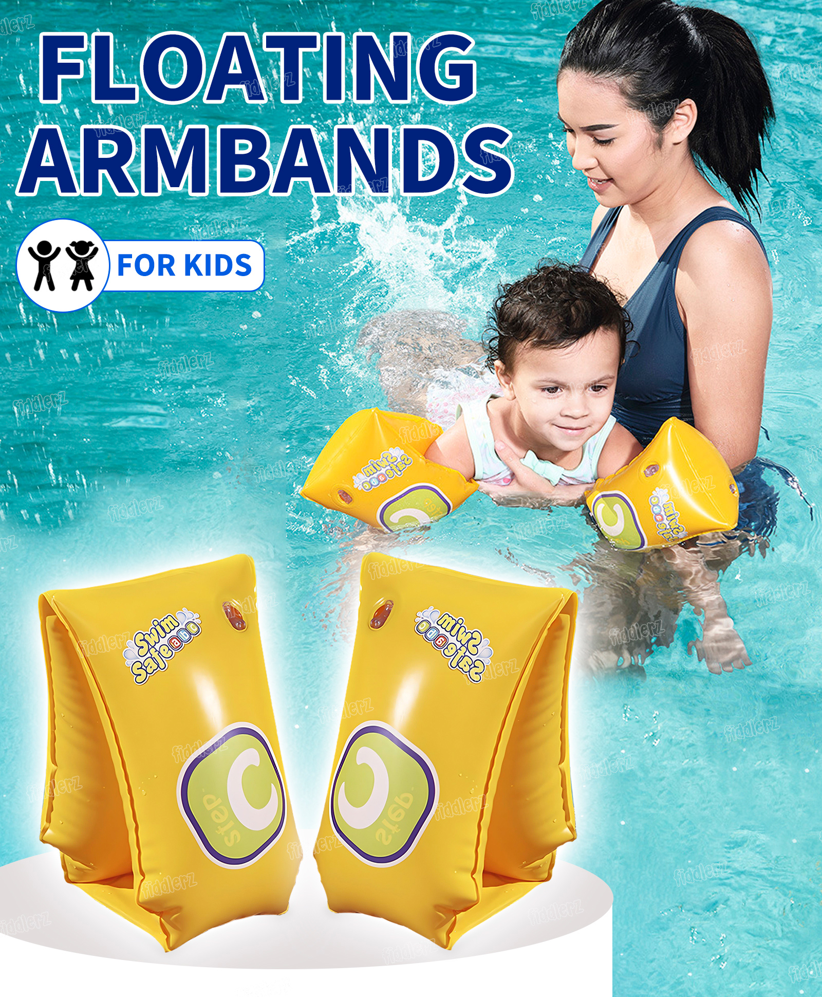 Fiddlerz Swimming Arm Bands for Kids Inflatable Swimming Rings for Pool Beach Water Accessories for Boys and Girls (Yellow)-picture-28