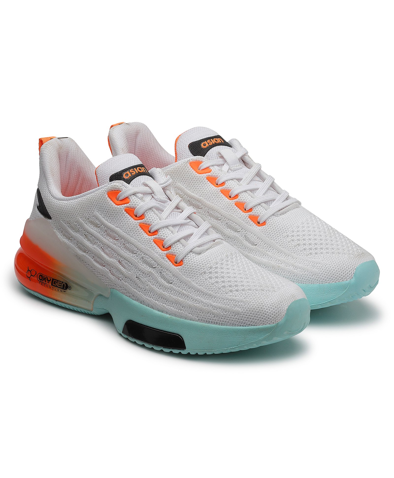 asian Textured Colour Blocked & Ombre Lace Up Running Shoes - White & Mint-image-31