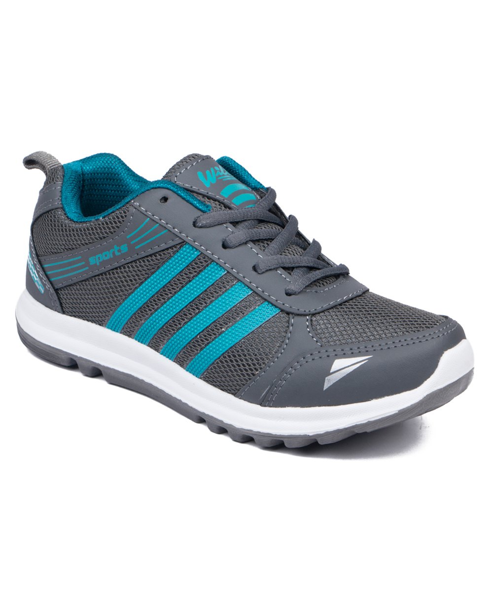 asian Colour Blocked Lace Up Running Shoes - Grey & Turquoise