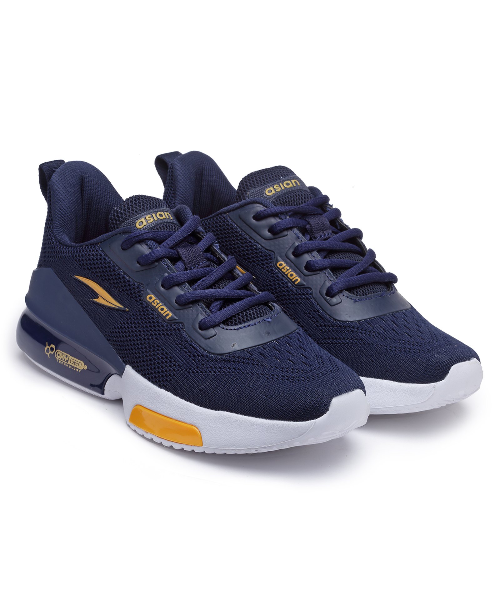 asian Colour Blocked Lace Up Running Shoes - Navy Blue & Mustard-image-44