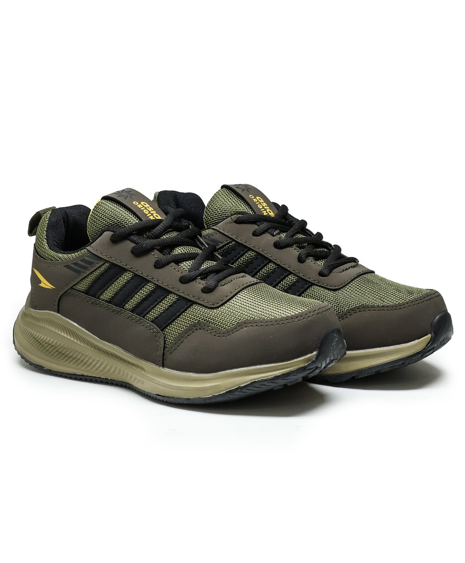 asian Colour Blocked Lace Up Running Shoes - Black & Olive-image-4
