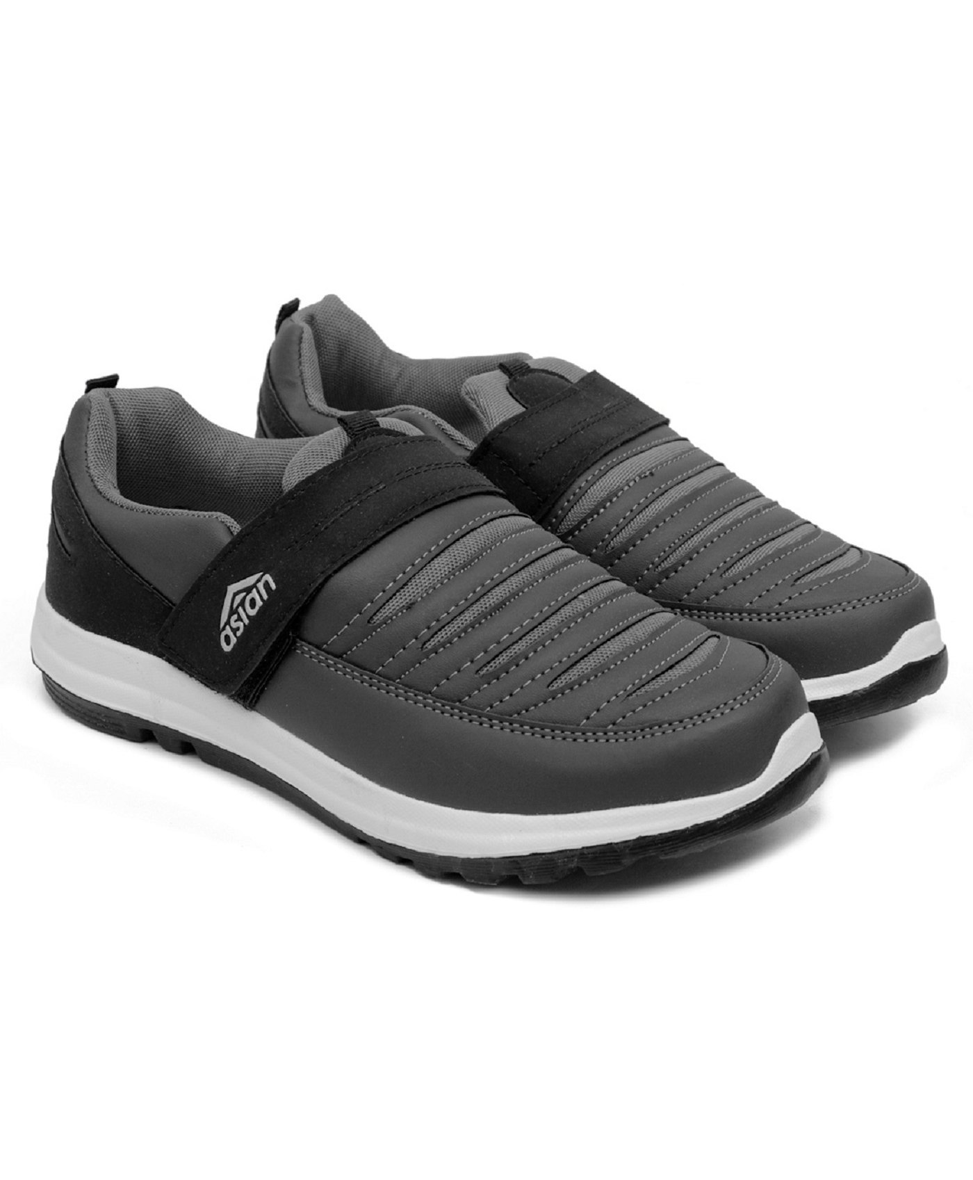 asian Colour Blocked Running Shoes With Velcro Closure - Black & Grey-image-7