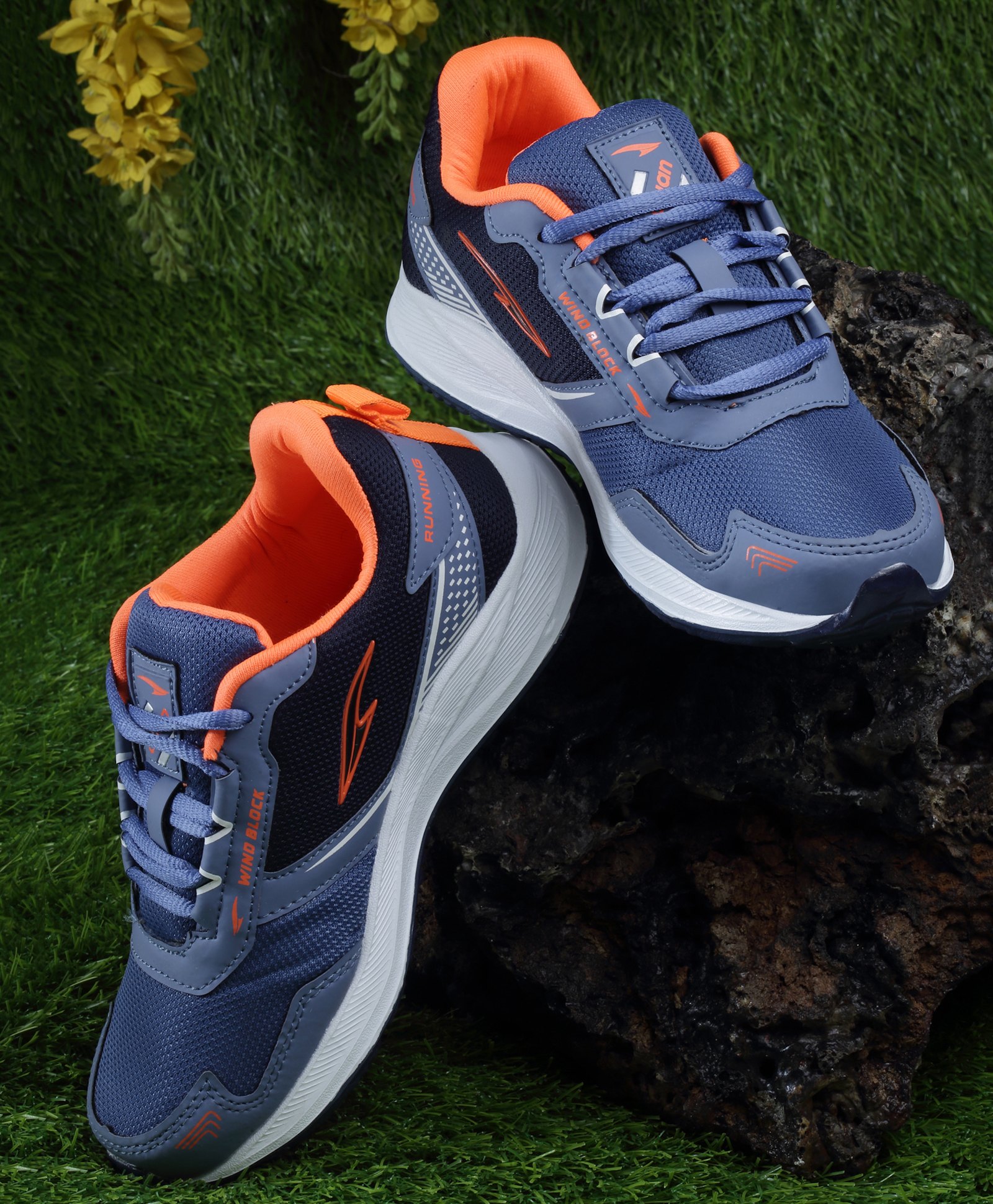 asian Mesh Detailed & Colour Blocked With Lace Up Running Shoes - Slate & Navy Blue