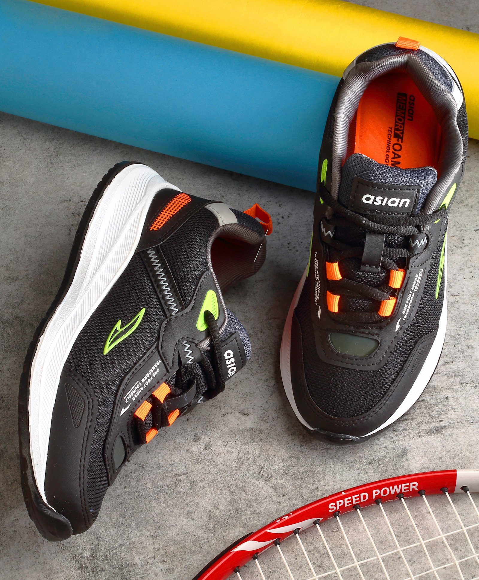 asian Mesh Detailed & Colour Blocked With Lace Up Running Shoes - Black & Green-picture-25