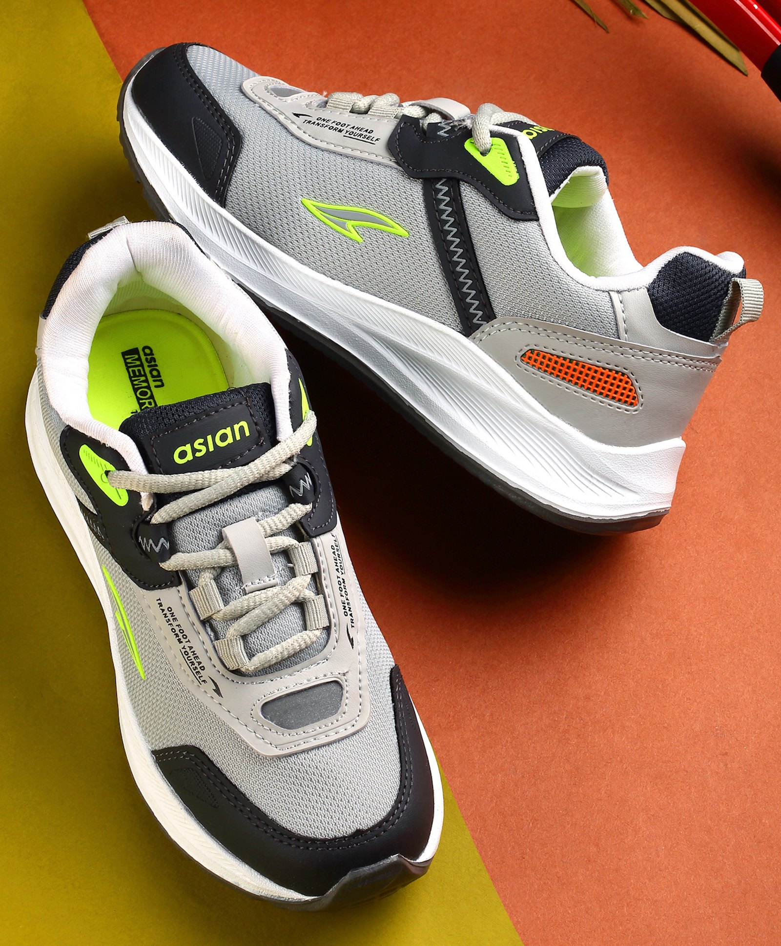 asian Mesh Detailed & Colour Blocked With Lace Up Running Shoes - Grey & Green-picture-18