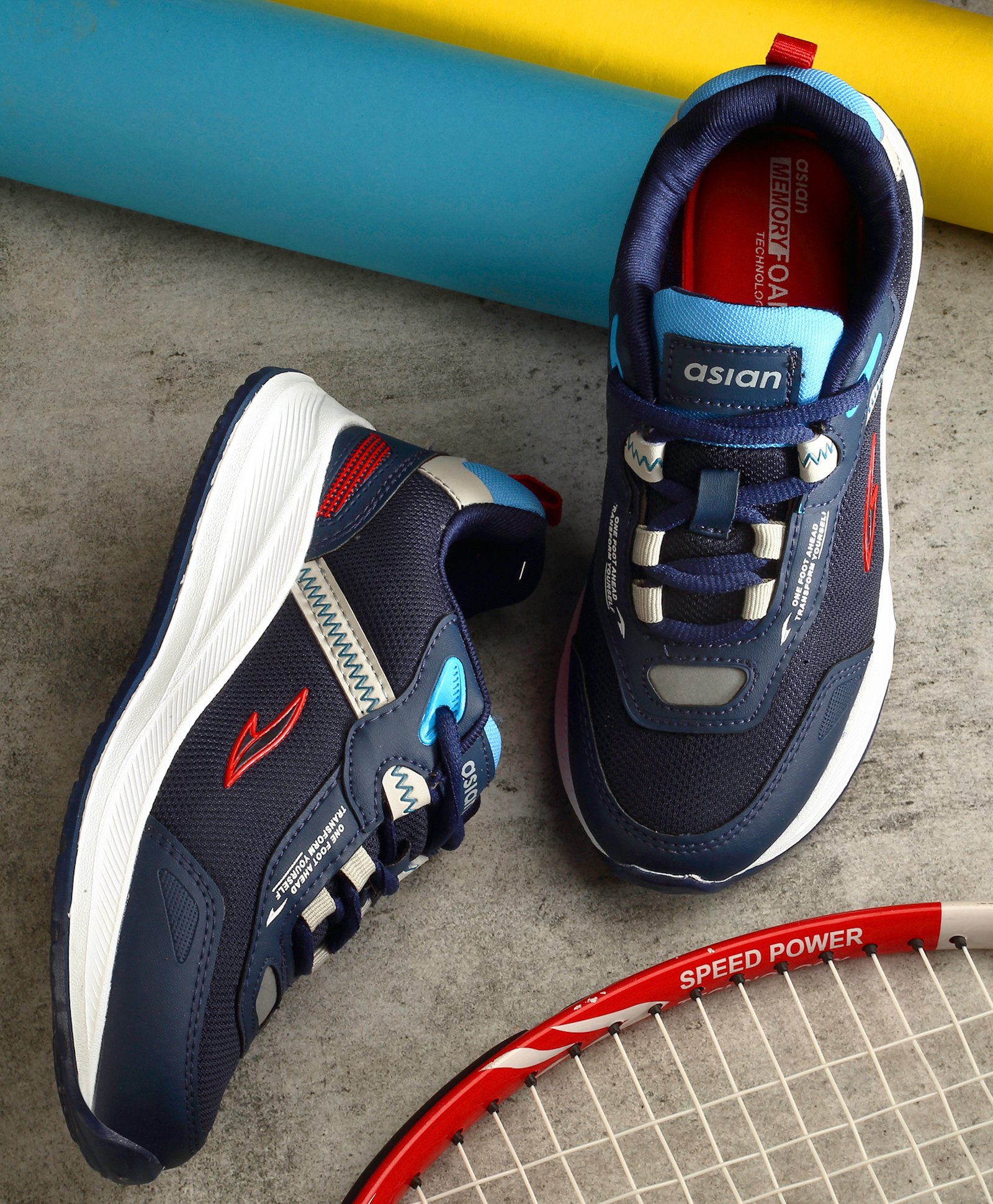 asian Mesh Detailed & Colour Blocked With Lace Up Running Shoes - Navy Blue-picture-3