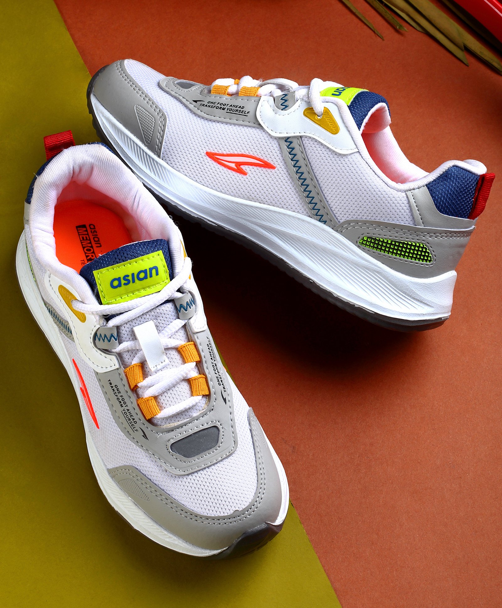 asian Mesh Detailed & Colour Blocked With Lace Up Running Shoes - White & Turquoise-image-42