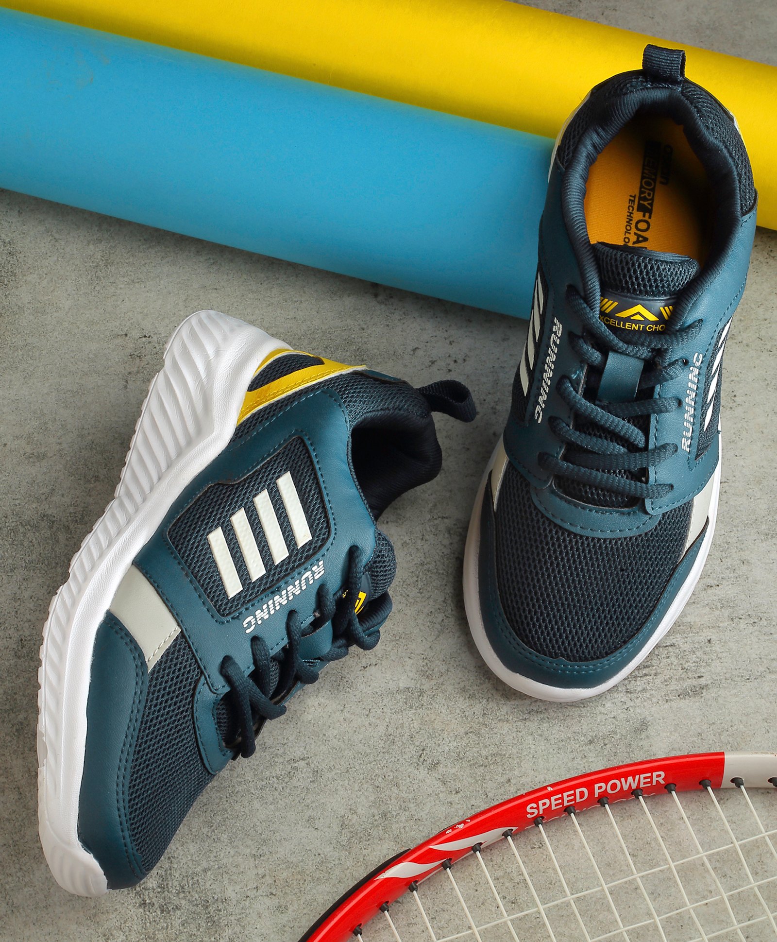 asian Mesh Detailed & Striped WIth Lace Up Running Running Shoes - Navy Blue & Mustard-image-2