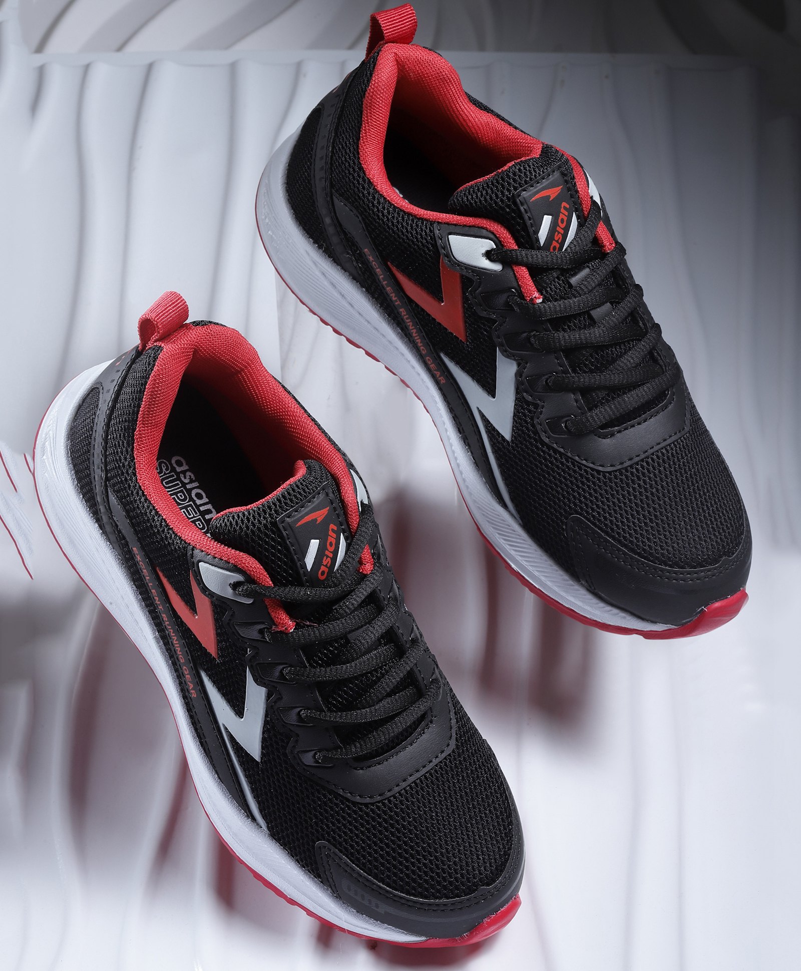 asian Mesh Detailed & Colour Blocked With Lace Up Running Shoes - Black & Red