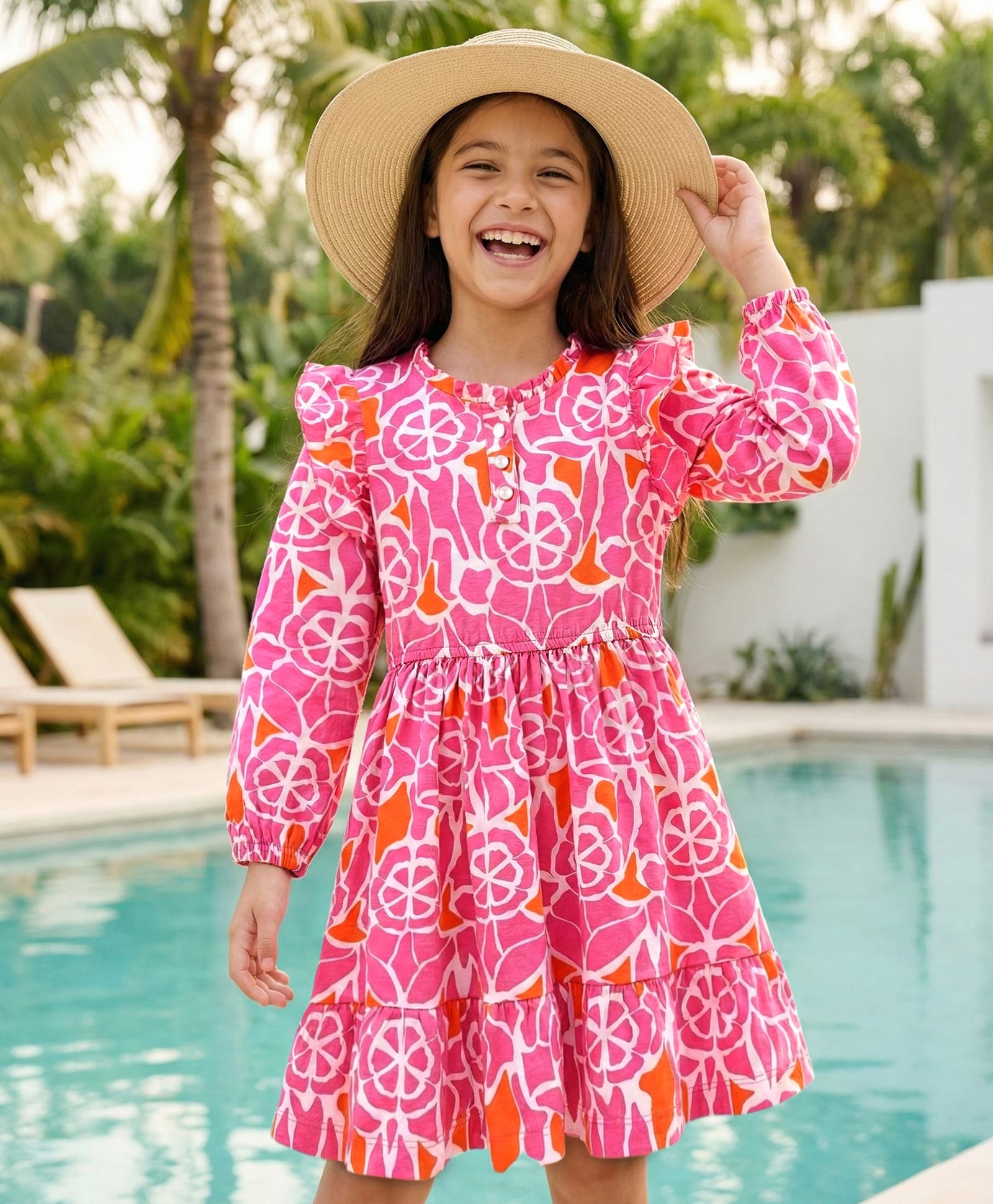 Pine Kids 100% Cotton Full Sleeves Frocks With Floral Print - Pink