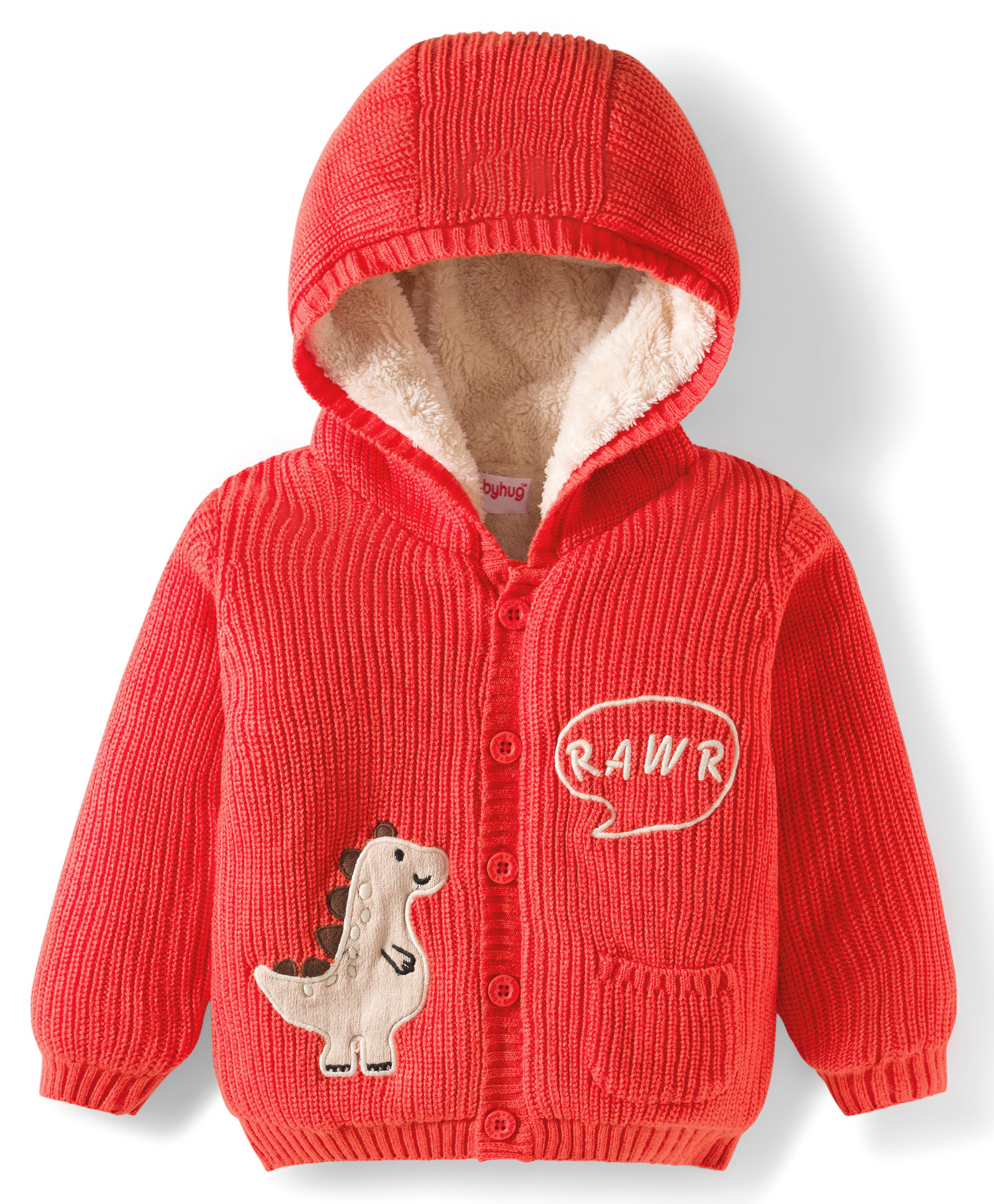 Babyhug Knit Full Sleeves Front Open Hooded Sweater with Dino Embroidery - Red-image-36