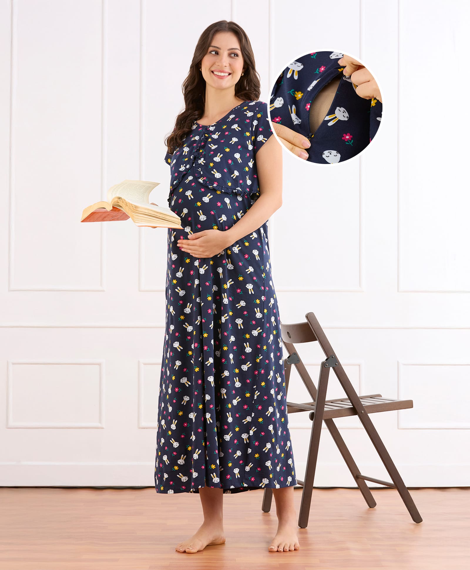 Bella Mama Cotton Knit Half Sleeves Nighty With Concealed Zipper Floral & Animal Print Nighty - Navy Blue-picture-7
