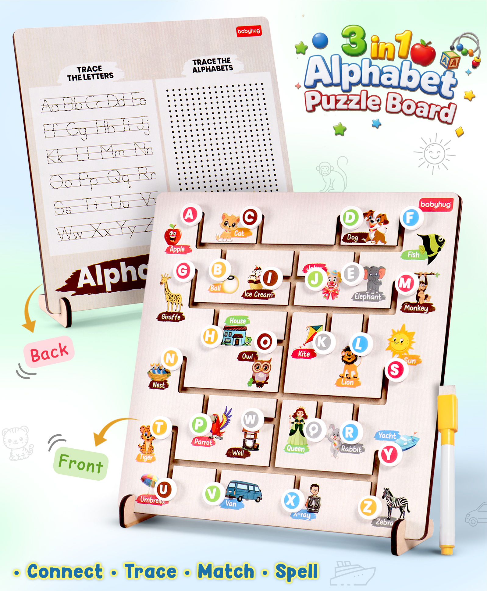 Babyhug Wooden Alphabet Puzzle Board for Kids| Slide Letters & Match Corresponding Objects| Montessori-Inspired Educational Toy for Early Literacy & Brain Development| Gifting Option-picture-16