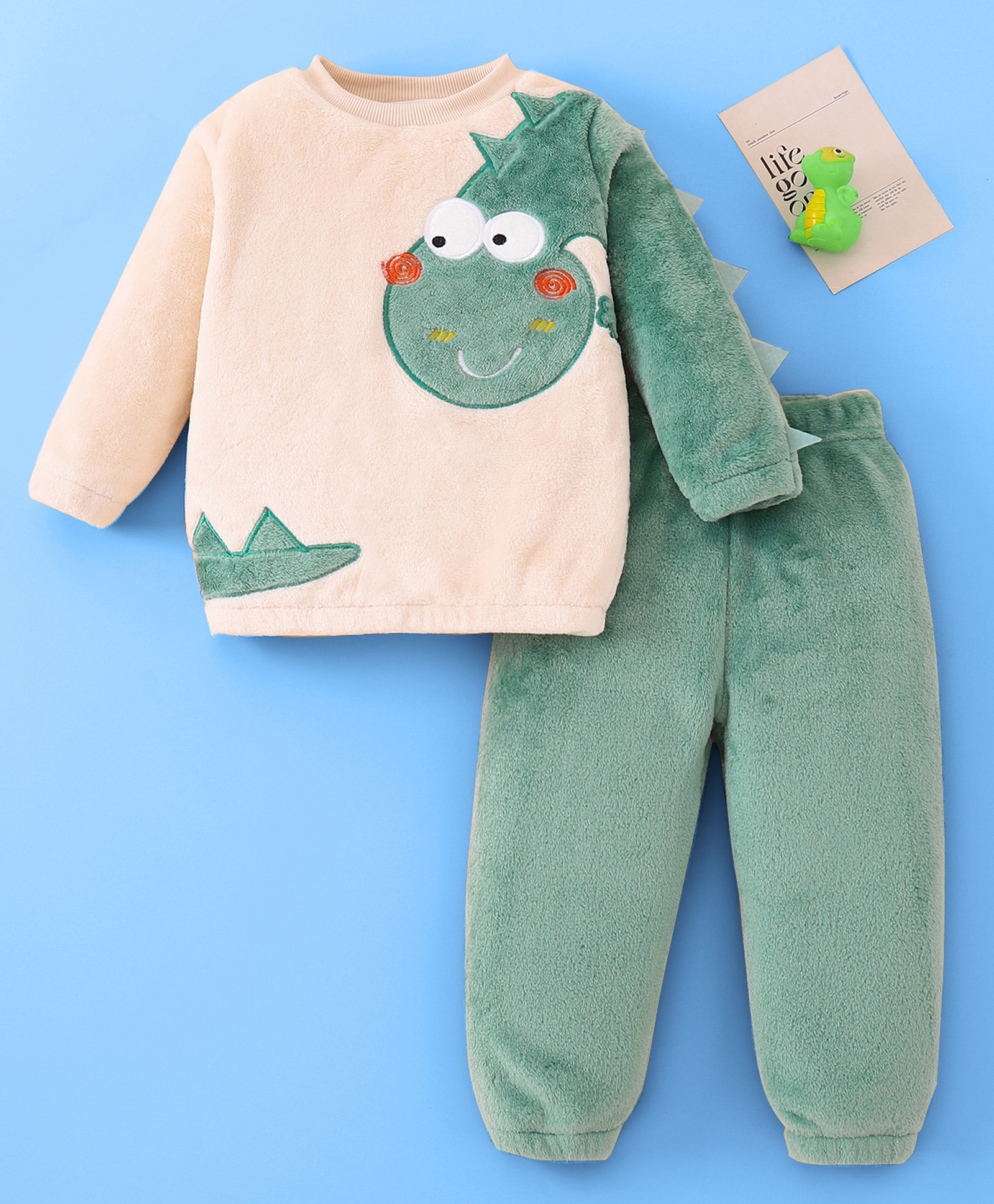 Mark & Mia Full Sleeves Winter Wear Night Suit With Dino Patch & Applique - Peach & Olive Green-picture-10
