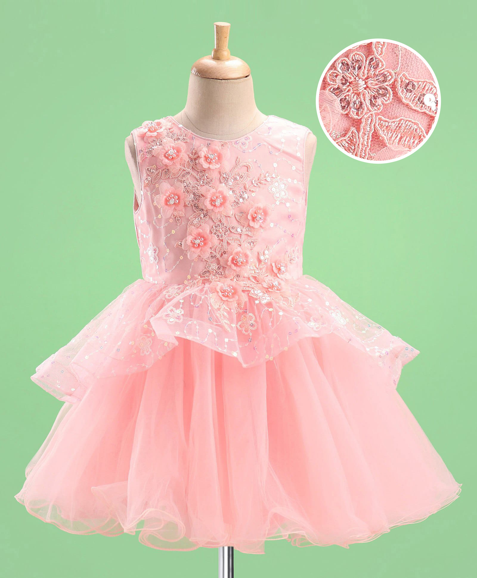 Mark & Mia Woven Sleeveless Mesh Party Dress with Floral Embroidery & Sequin Detailing - Peach-picture-15