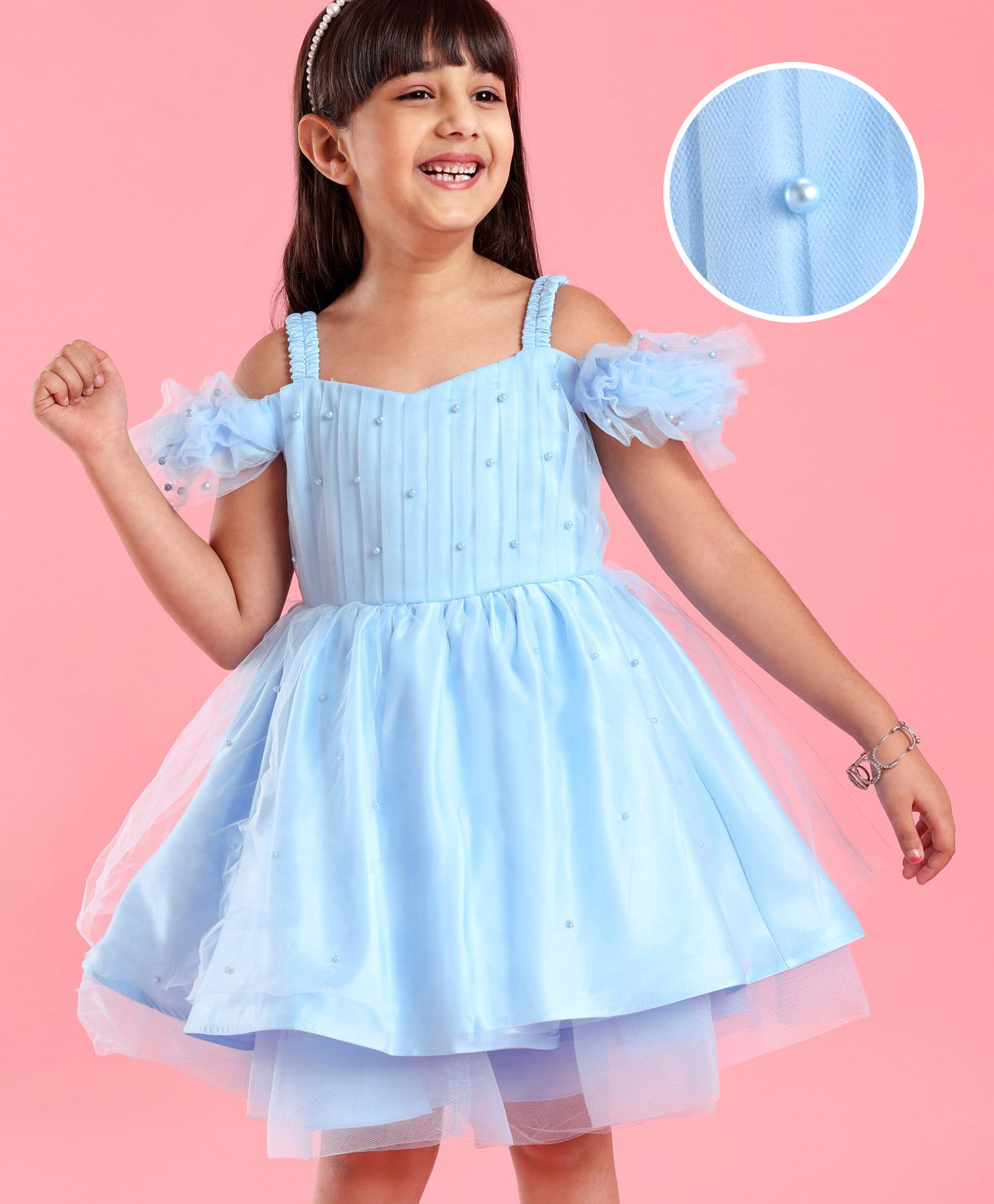 Mark & Mia Woven Cold Shoulder Sleeves Party Dress with Pearl Detailing - Light Blue-image-48