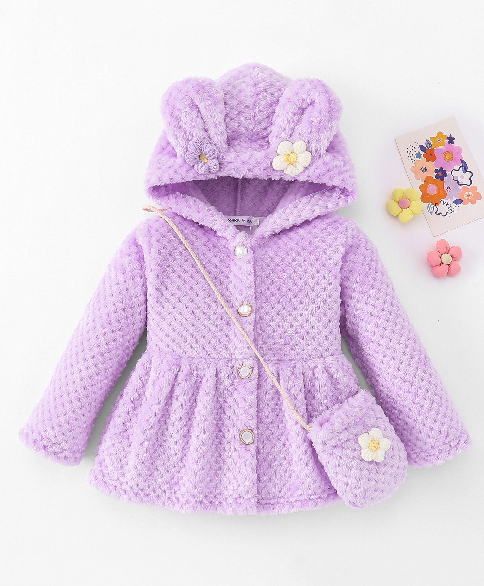 Mark & Mia Full Sleeves Hooded Fur Jacket With Floral Applique & Side Sling Bag - Purple-image-35