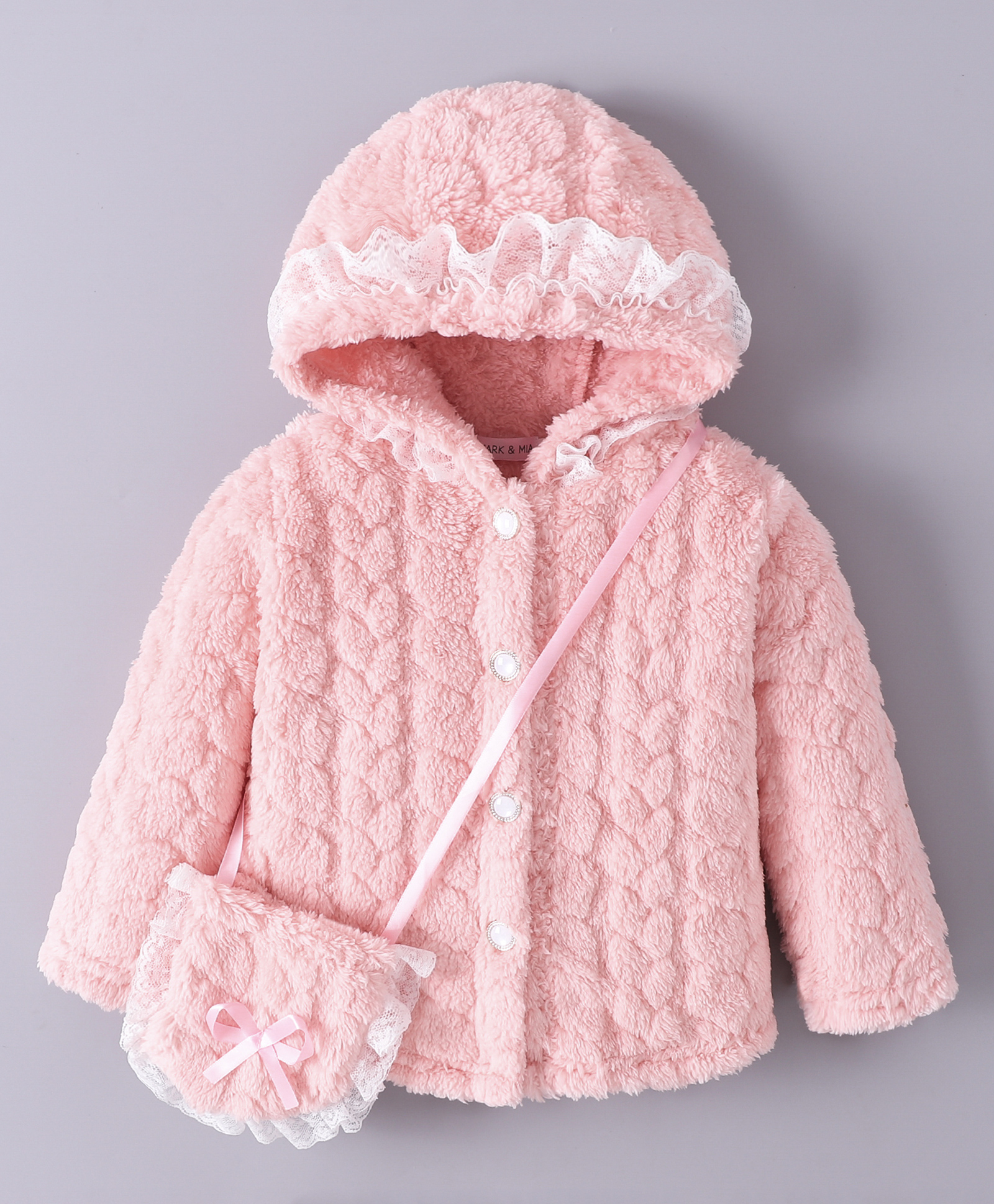 Mark & Mia Full Sleeves Solid Hooded Fur Winter Jacket With Sling Bag - Pink-picture-29