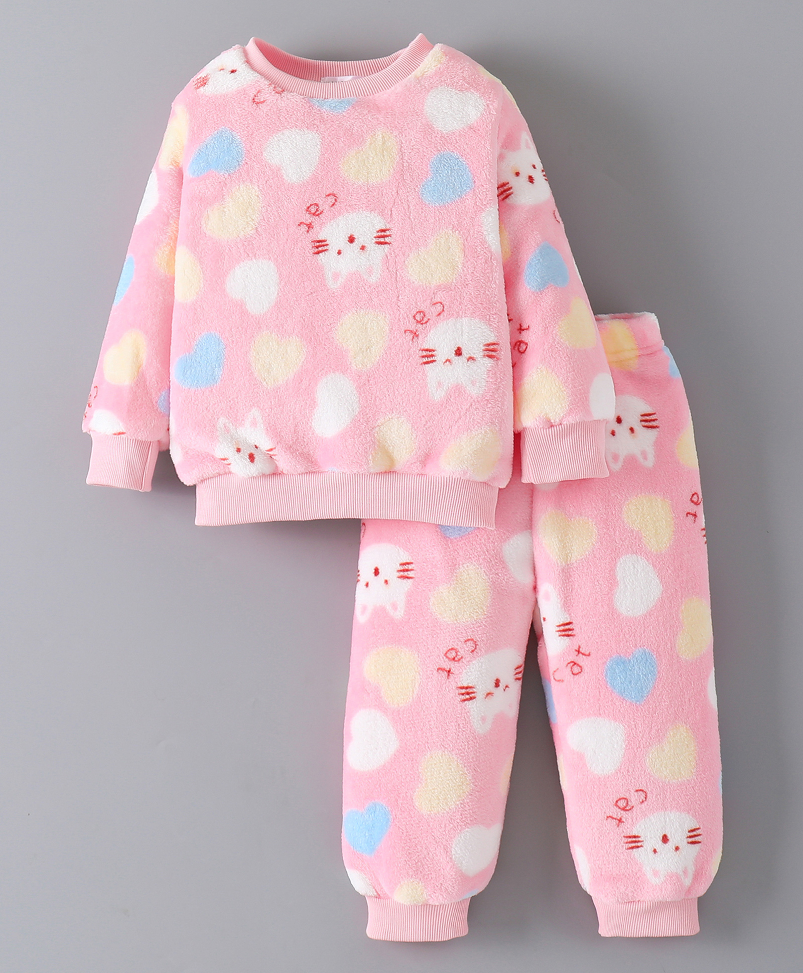Mark & Mia Full Sleeves Winter Wear Night Suit With Cat & Hearts Print - Pink-image-29
