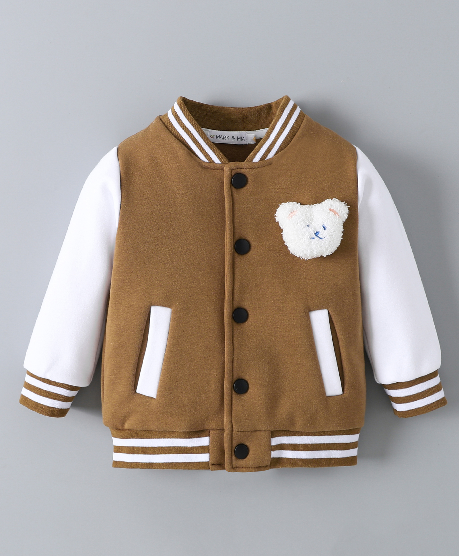 Mark & Mia Full Sleeves Bomber Jacket With Teddy Bear Applique - Brown & White-image-42