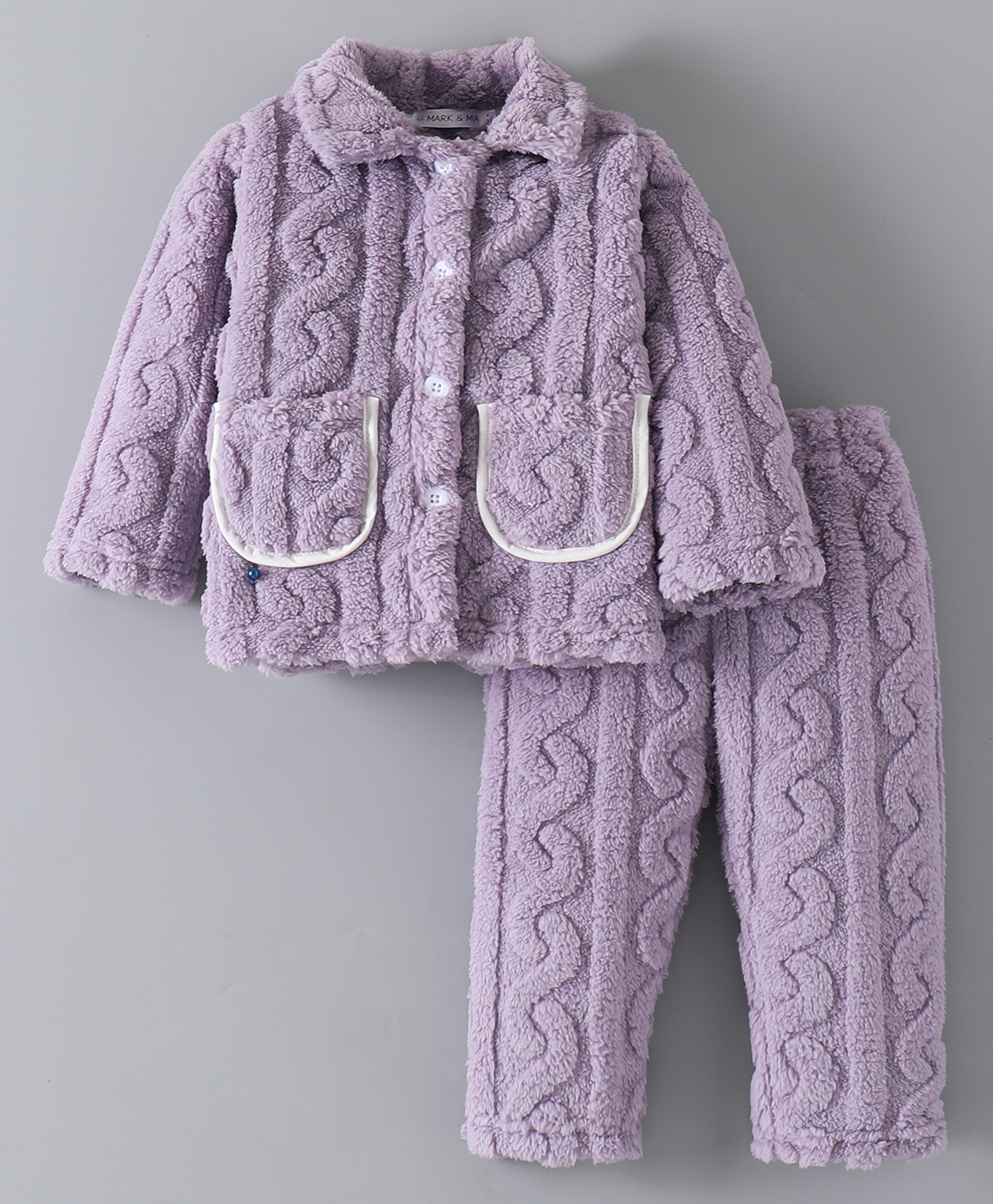 Mark & Mia Full Sleeves Front Open Winter Wear Night Suit With Knit Design - Purple-image-34