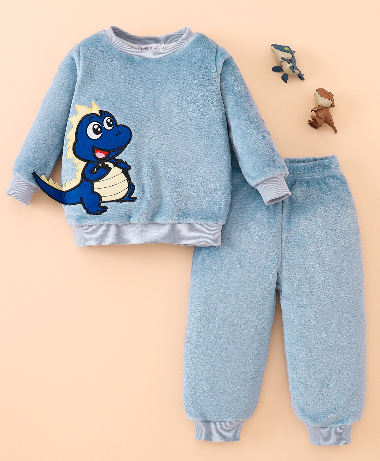 Mark & Mia Full Sleeves Winter Wear Night Suit With Dino Patch & Applique - Light Blue-image-39