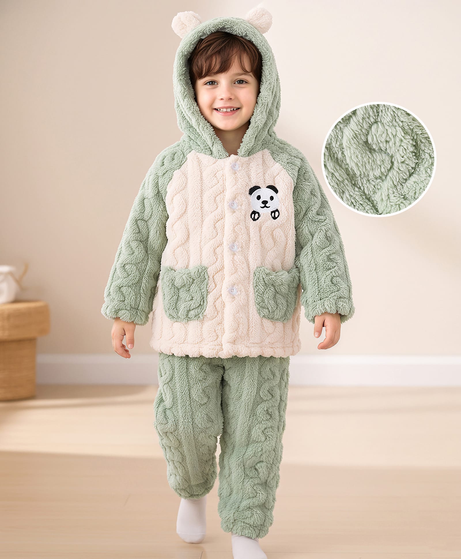 Mark & Mia Full Sleeves Winter Wear Hooded Night Suit With Panda Print & Cable Knit Design - Olive Green-image-32