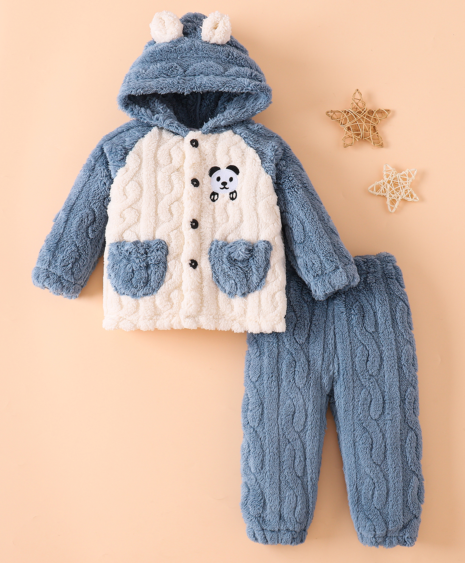 Mark & Mia Full Sleeves Winter Wear Hooded Night Suit With Panda Print & Cable Knit Design - Blue-image-31