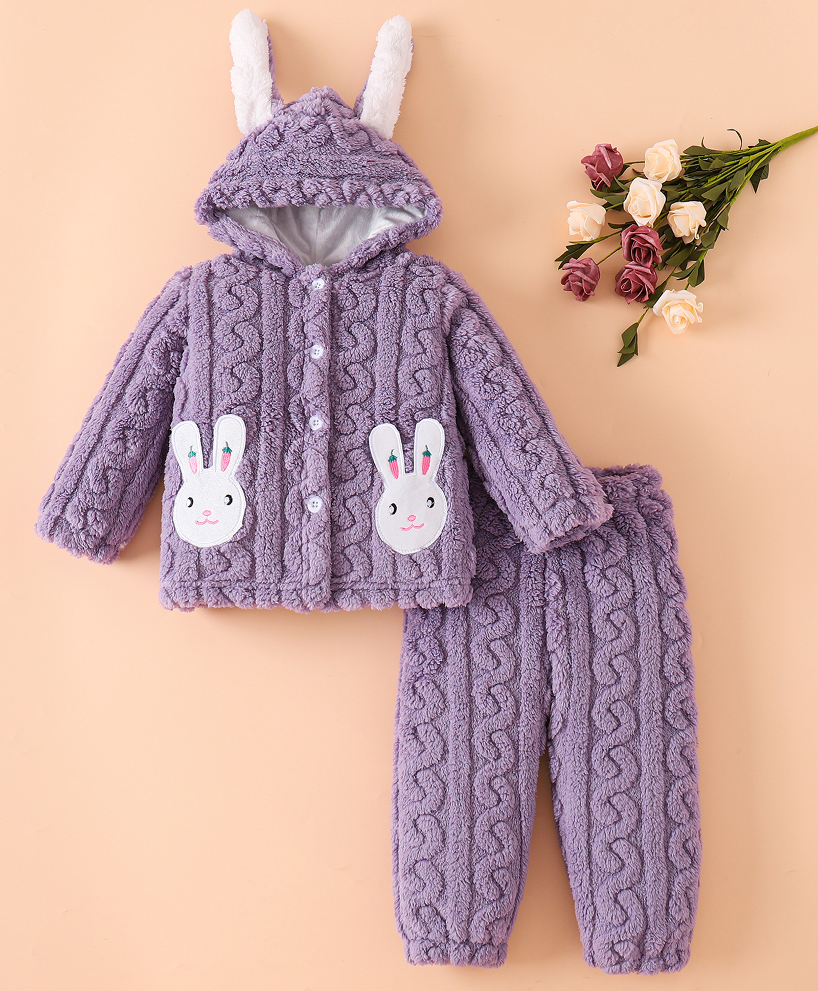 Mark & Mia Full Sleeves Hooded Winter Wear Fur Sweatshirt & Lounge Pant Set with Cable Knit Design & Bunny Patch Detailing - Purple-image-15