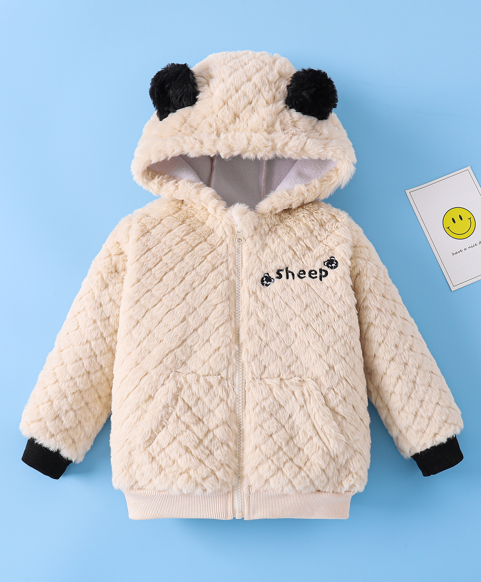 Mark & Mia Full Sleeves Fur Hooded Winter Jacket With Sheep Embroidery & Kangaroo Pockets - Beige-picture-36