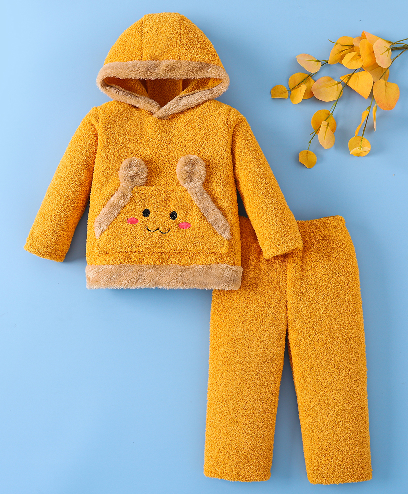 Mark & Mia Full Sleeves Winter Wear Hooded Night Suit With Animal Print - Yellow