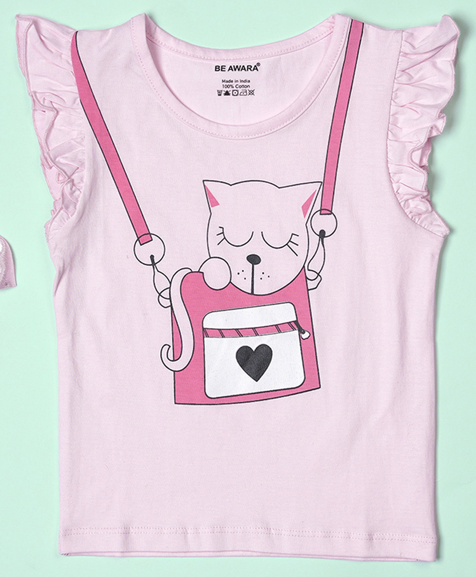 Be Awara Cotton Knit Frill Sleeves Cat Printed Top - Pink-picture-36