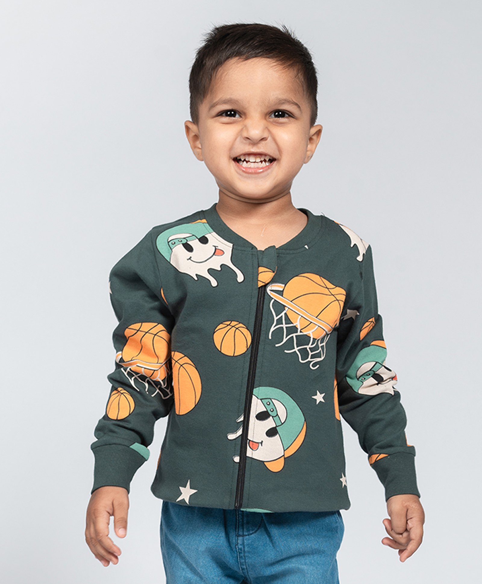 Be Awara Cotton Knit Full Sleeves Basketball Printed Bomber Jacket - Green-picture-35